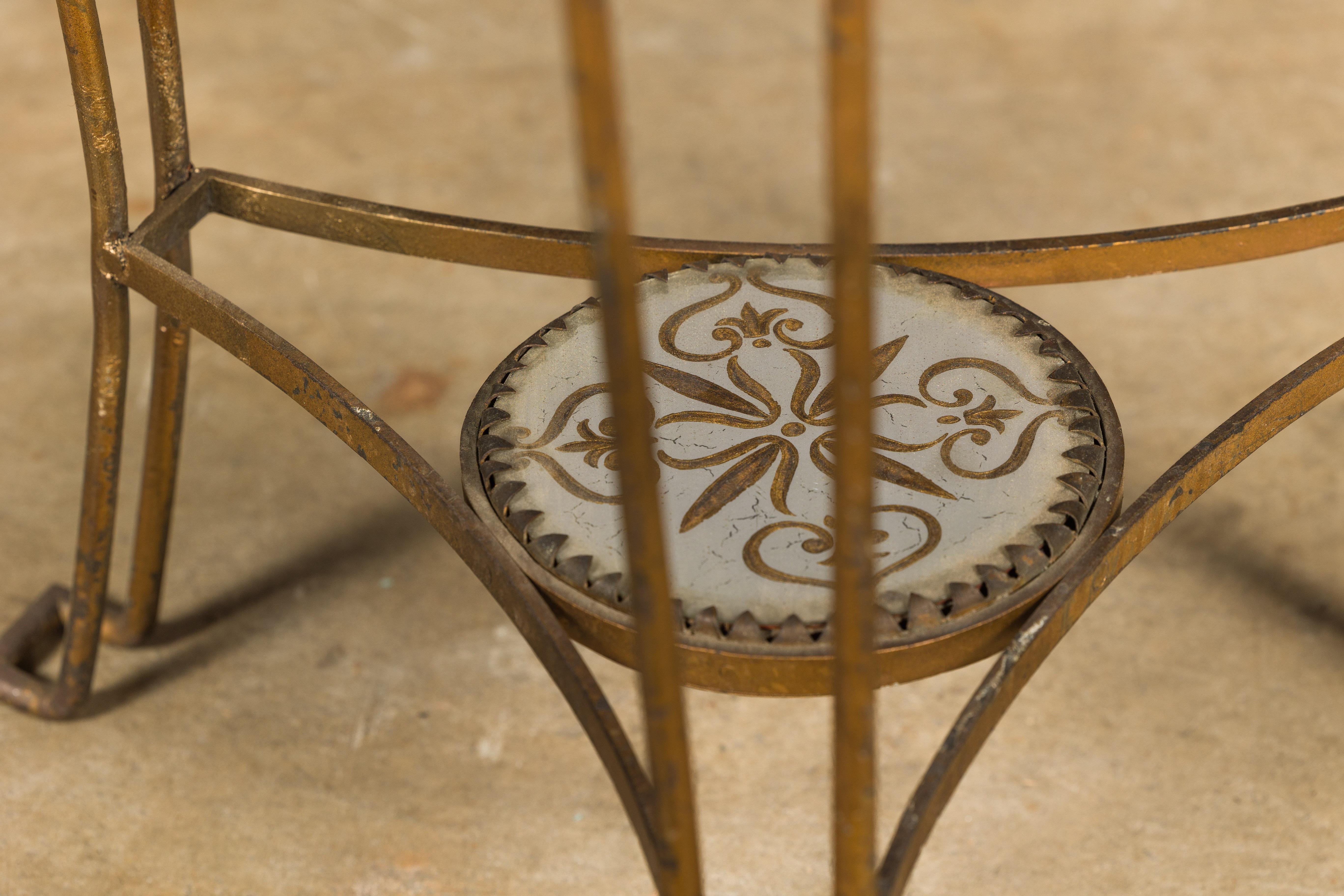 French 1920s Gilt Iron Side Table with Etched Foliage Mirrored Top and Low Shelf For Sale 9