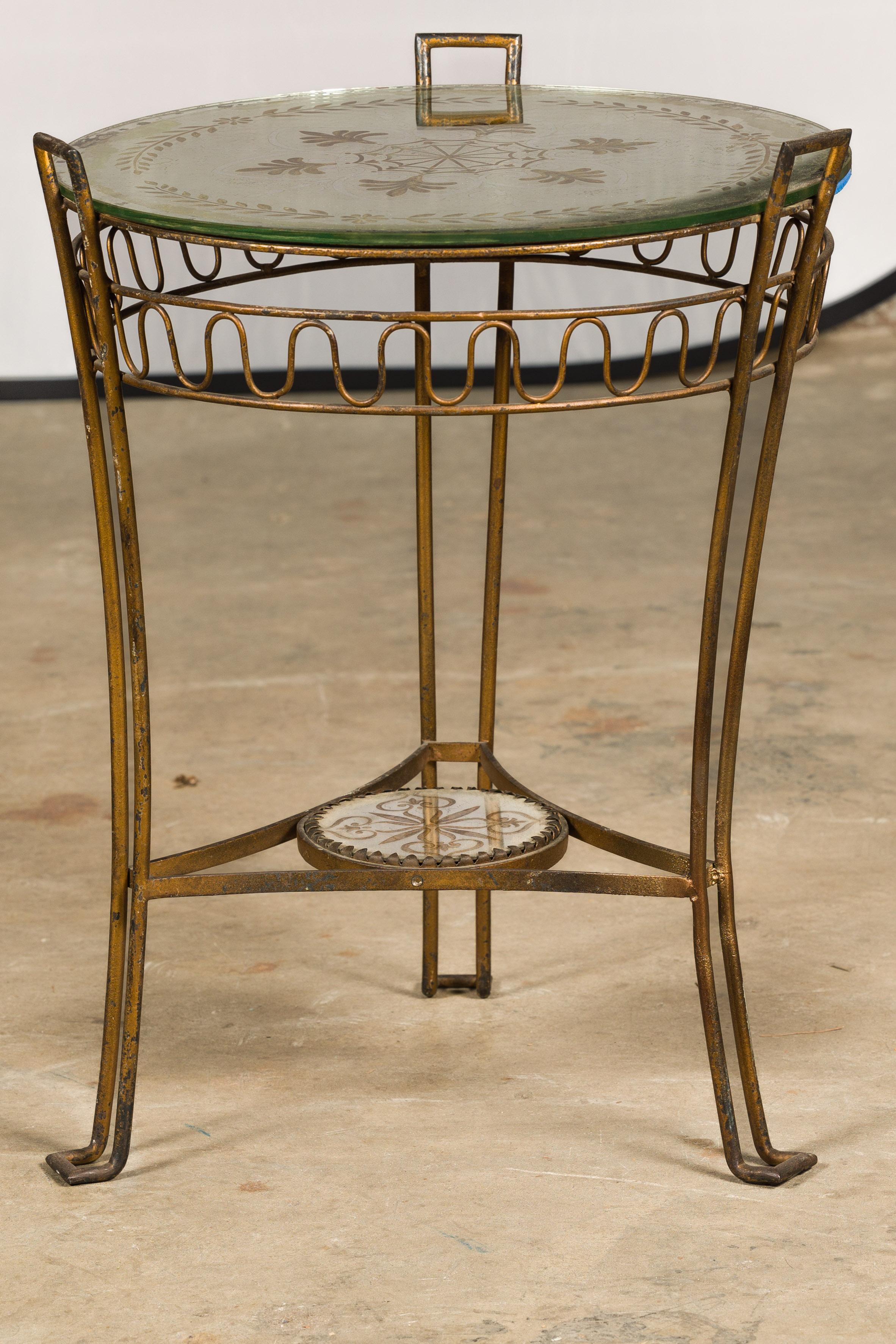 French 1920s Gilt Iron Side Table with Etched Foliage Mirrored Top and Low Shelf For Sale 10