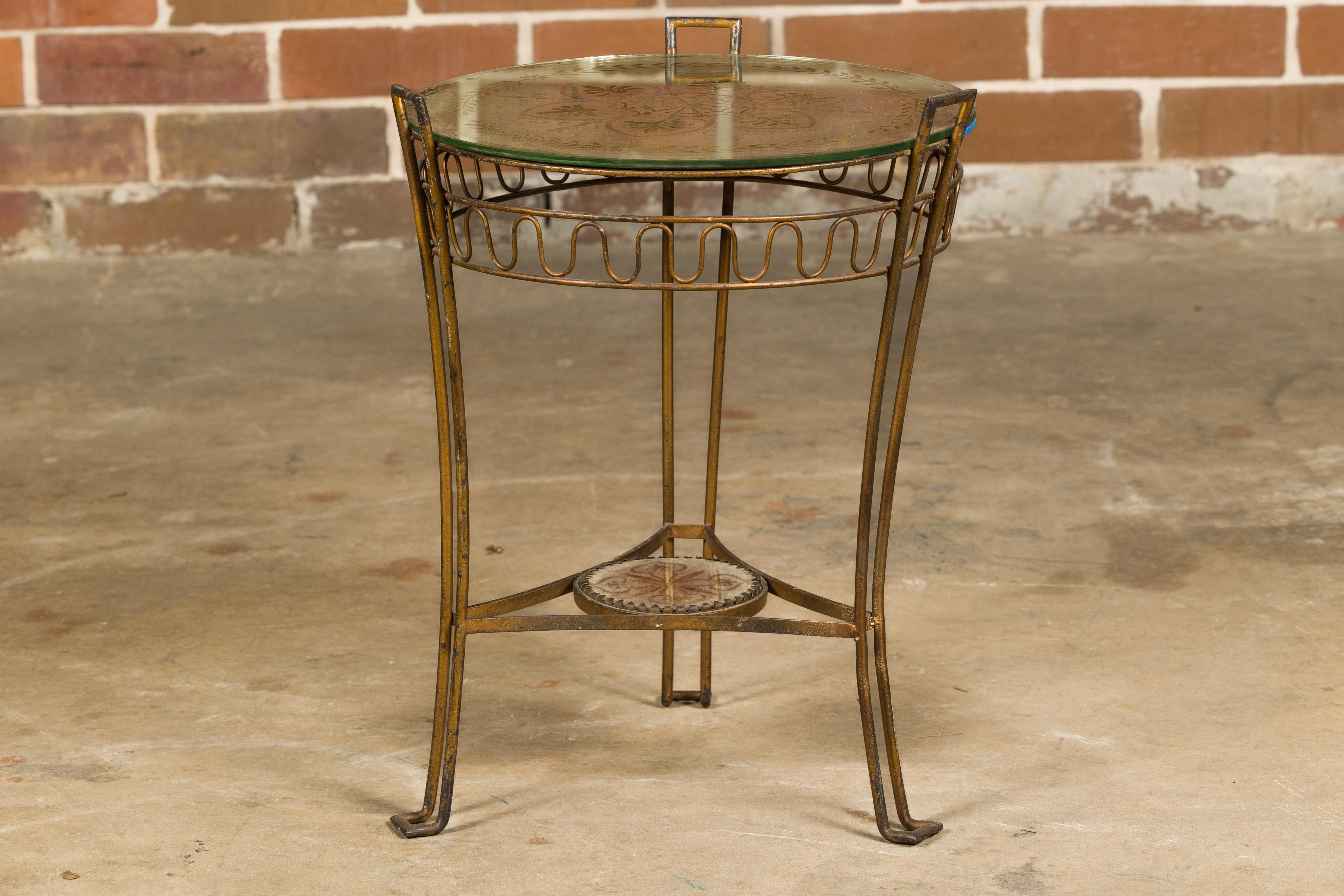 French 1920s Gilt Iron Side Table with Etched Foliage Mirrored Top and Low Shelf For Sale 11
