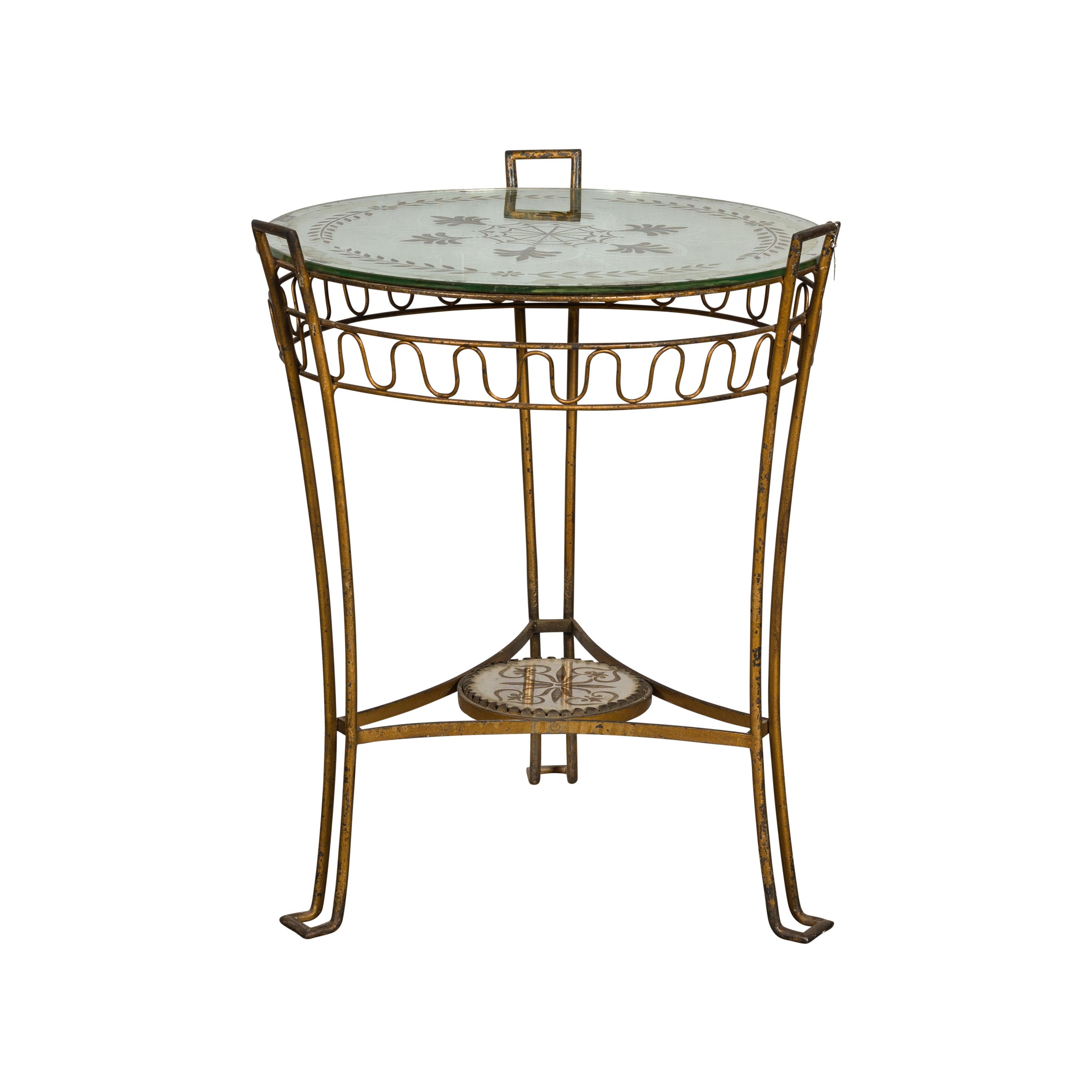 French 1920s Gilt Iron Side Table with Etched Foliage Mirrored Top and Low Shelf For Sale 12