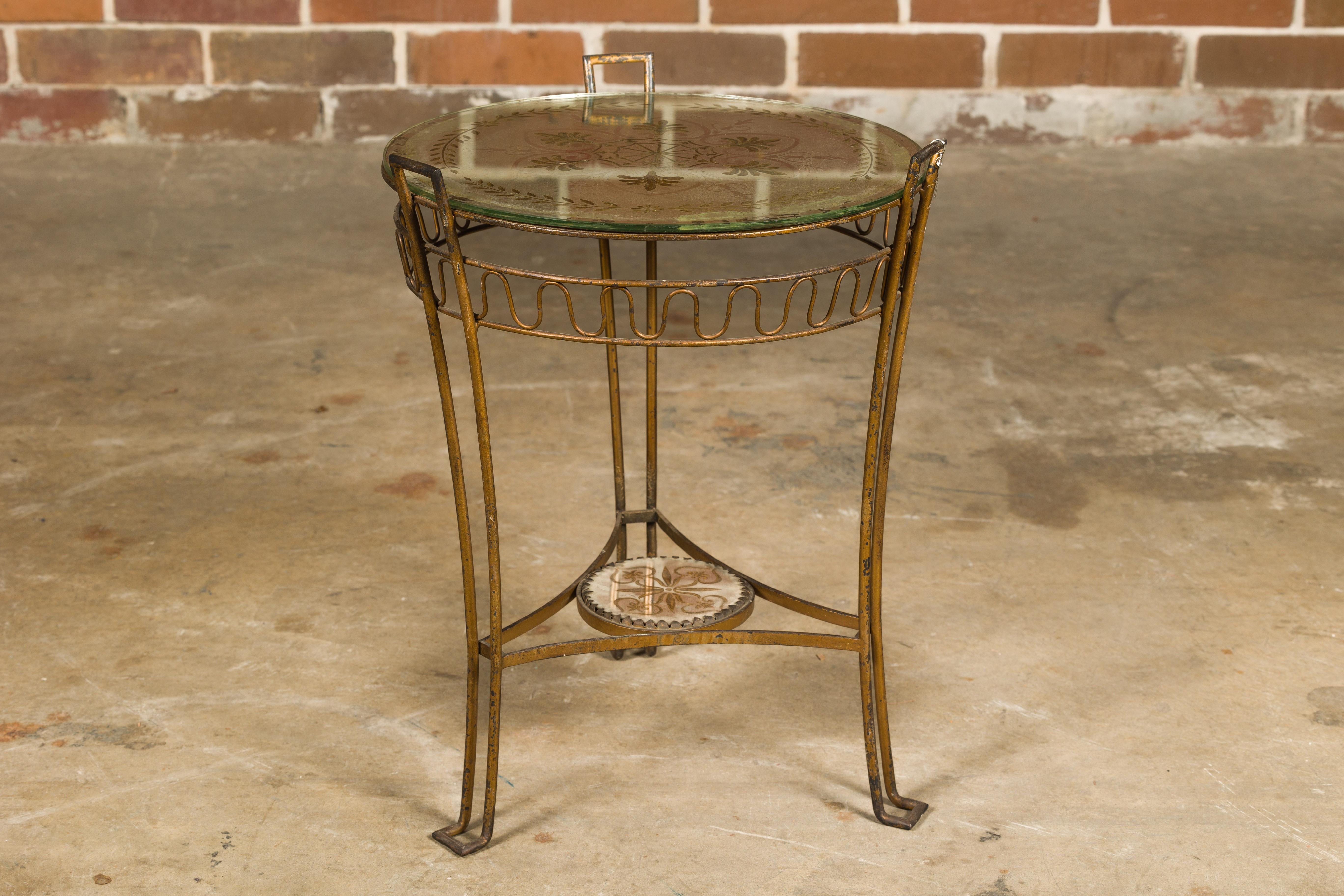 20th Century French 1920s Gilt Iron Side Table with Etched Foliage Mirrored Top and Low Shelf For Sale