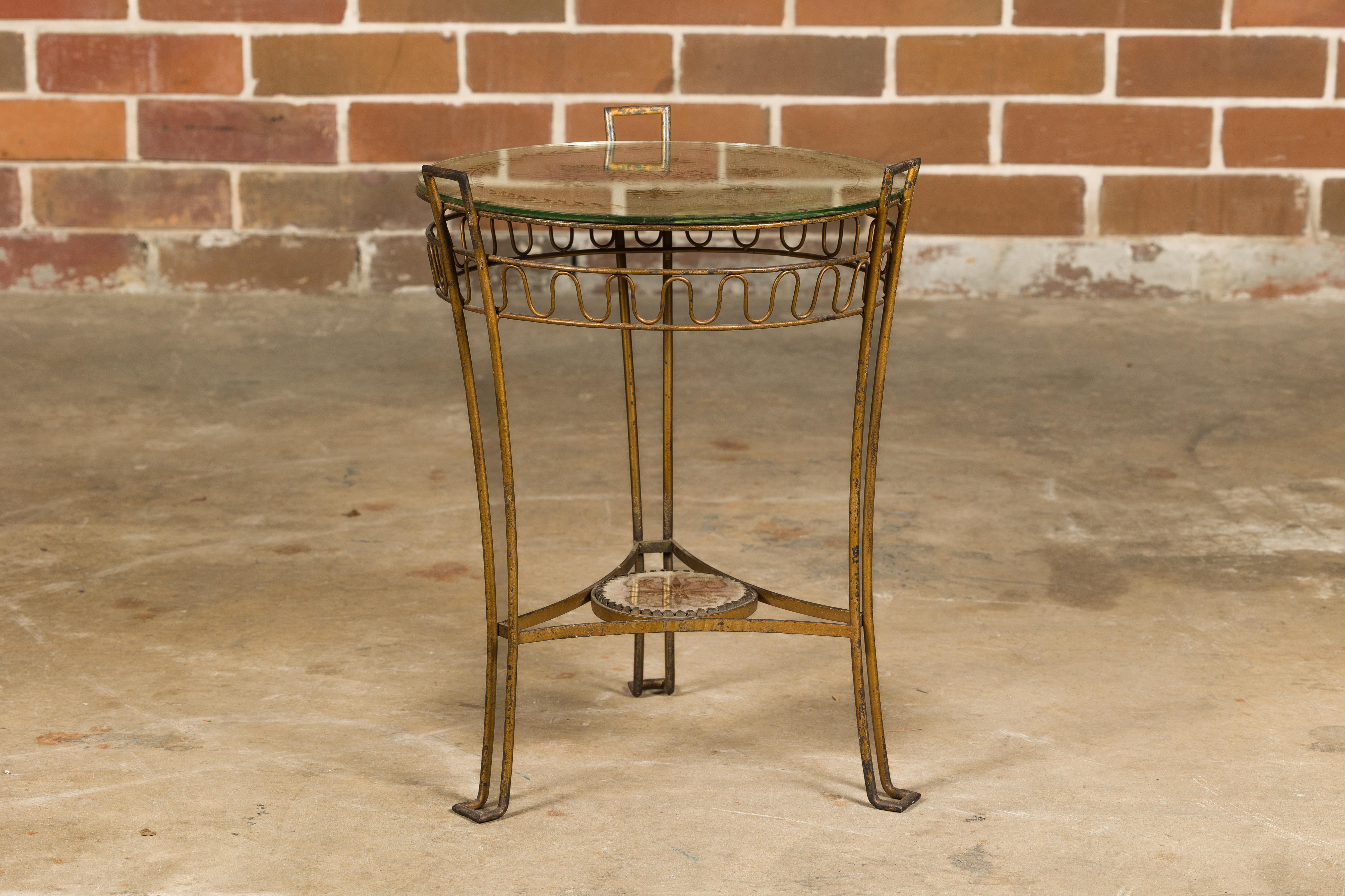 French 1920s Gilt Iron Side Table with Etched Foliage Mirrored Top and Low Shelf For Sale 1
