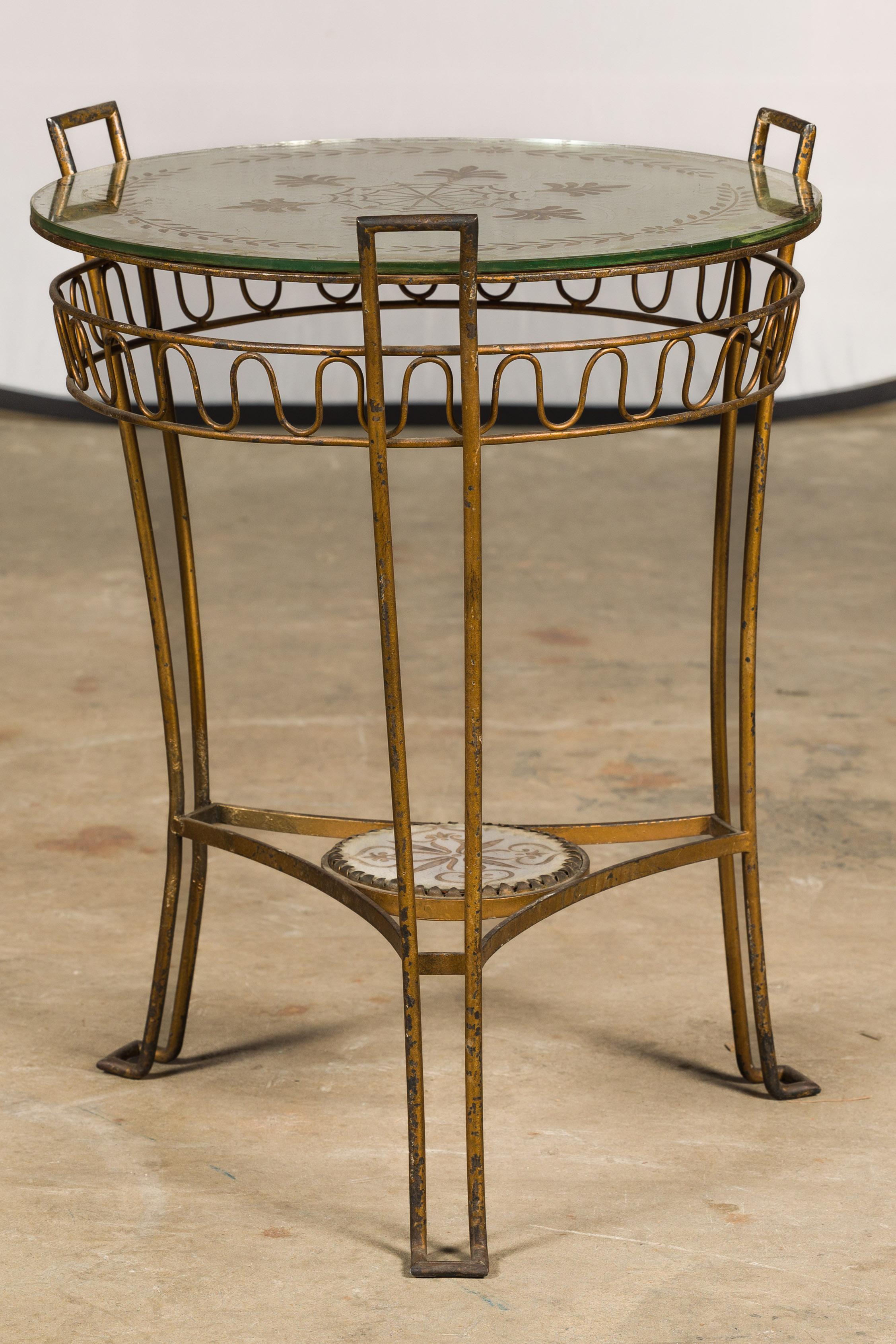 French 1920s Gilt Iron Side Table with Etched Foliage Mirrored Top and Low Shelf For Sale 2