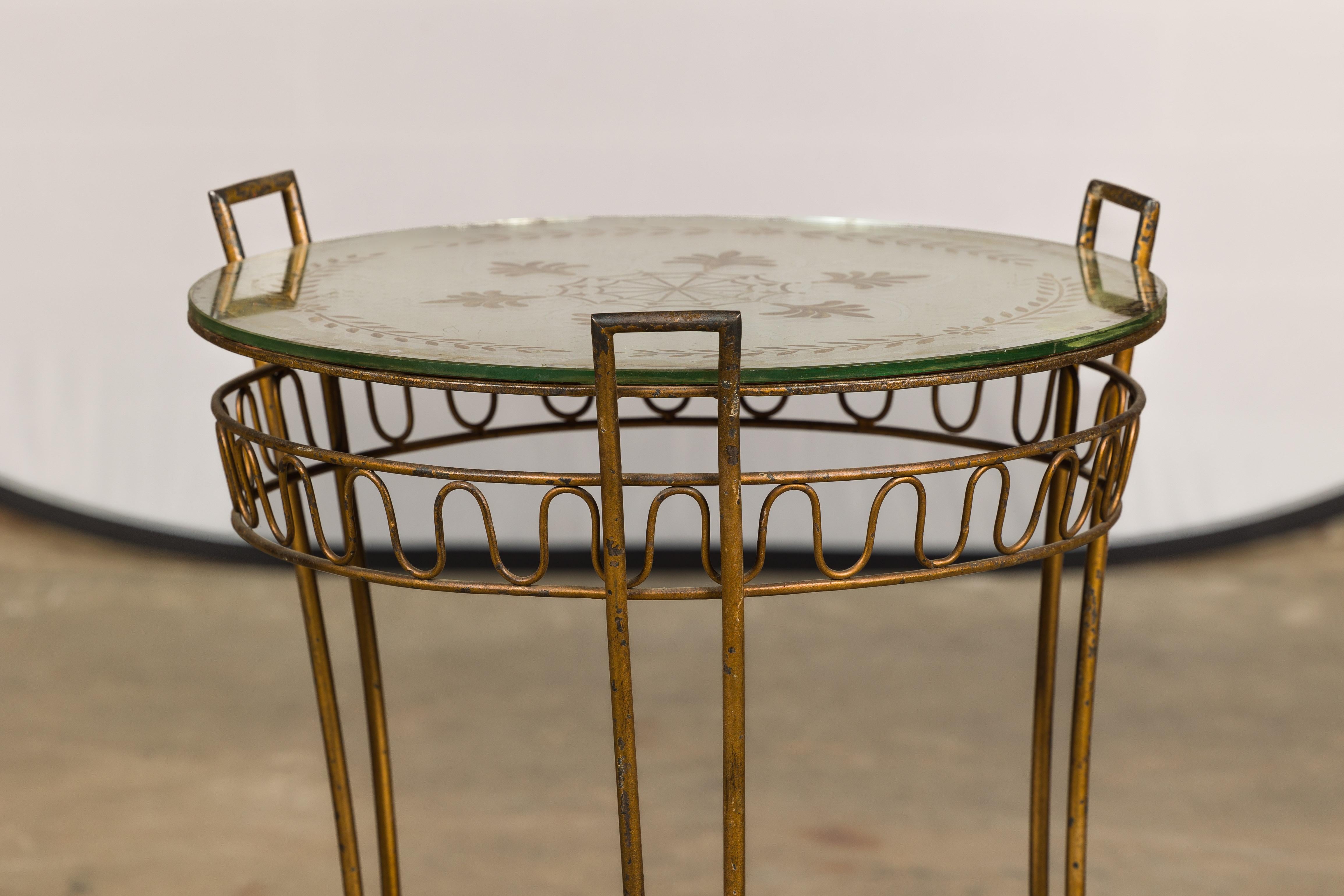 French 1920s Gilt Iron Side Table with Etched Foliage Mirrored Top and Low Shelf For Sale 3