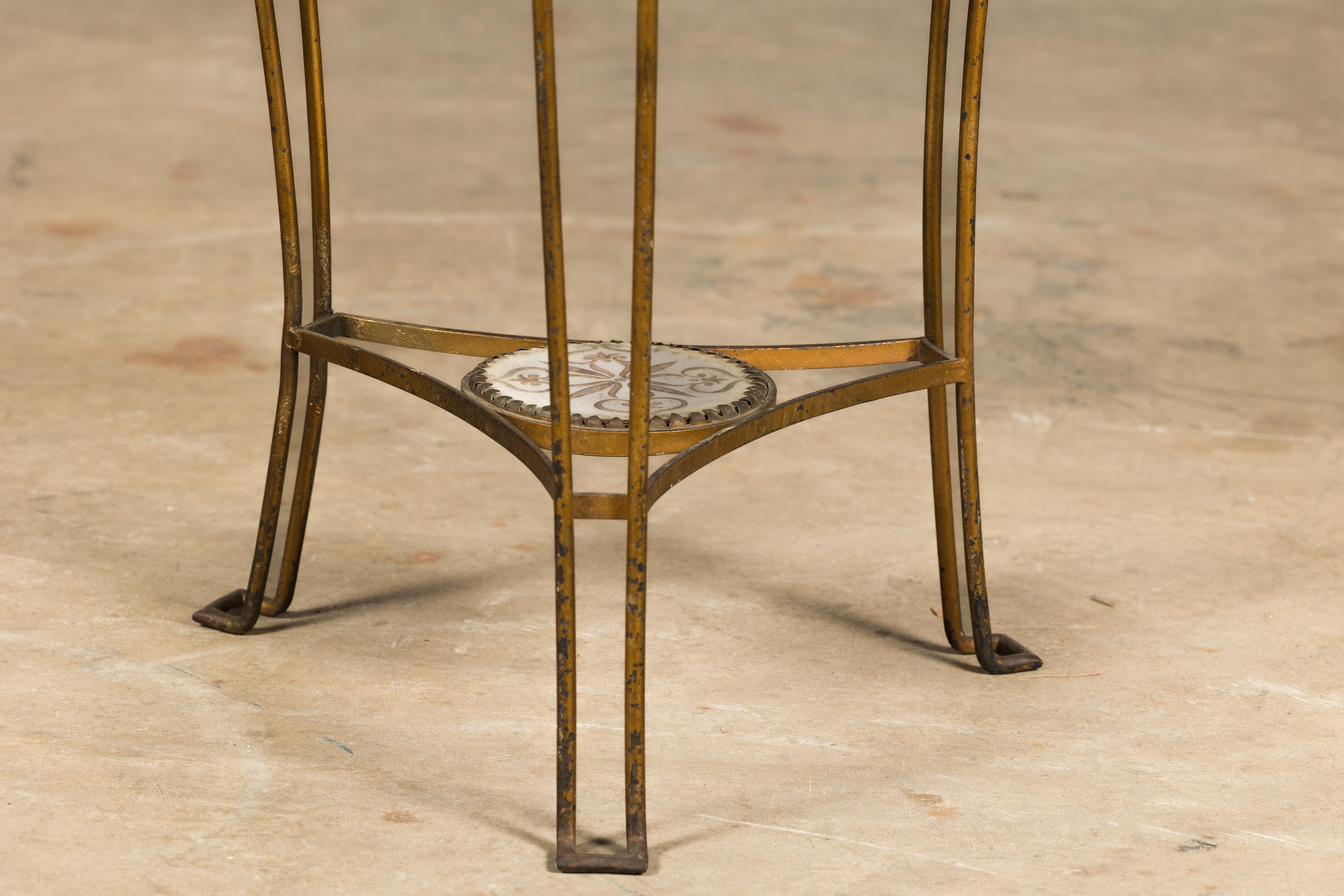 French 1920s Gilt Iron Side Table with Etched Foliage Mirrored Top and Low Shelf For Sale 4
