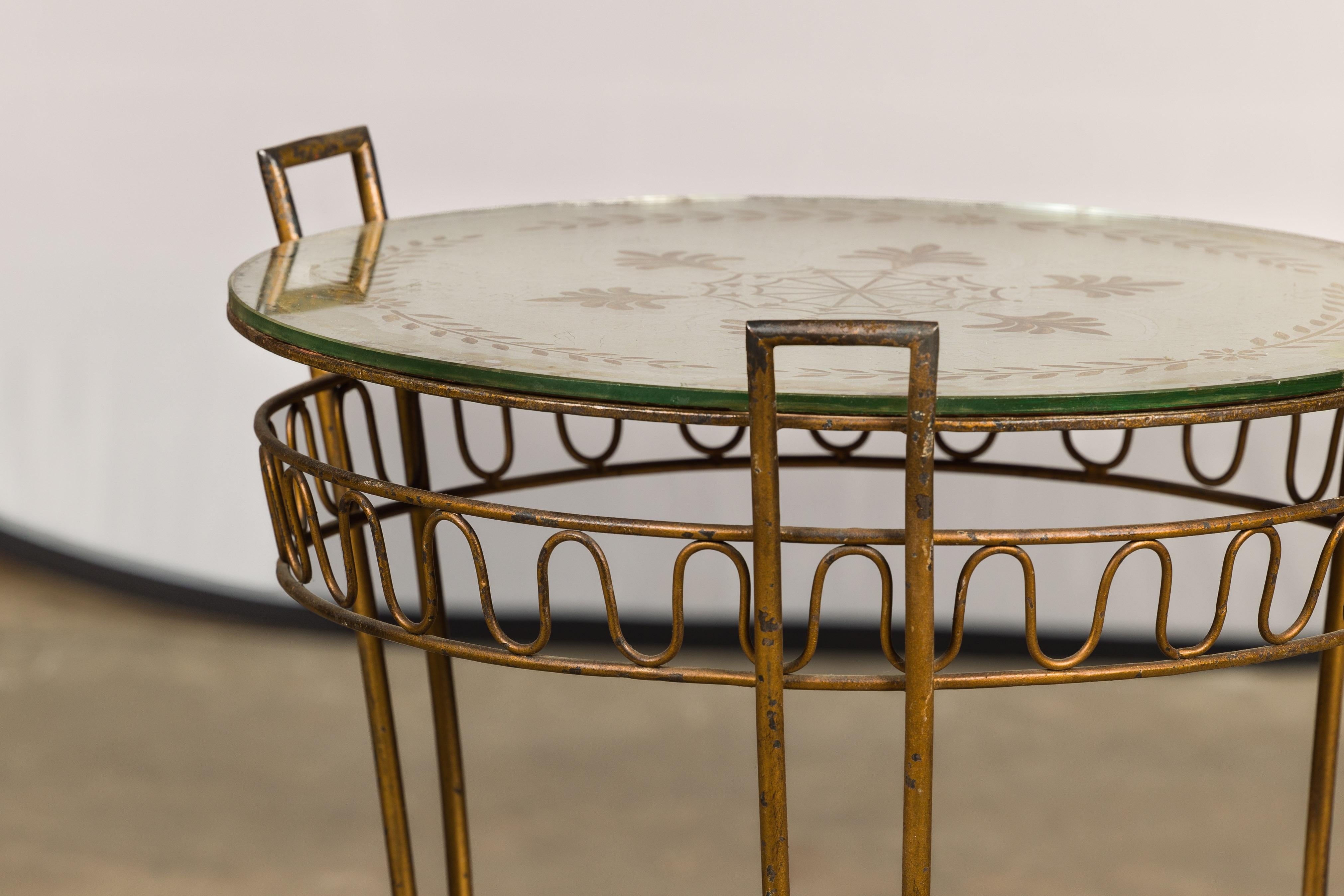 French 1920s Gilt Iron Side Table with Etched Foliage Mirrored Top and Low Shelf For Sale 5