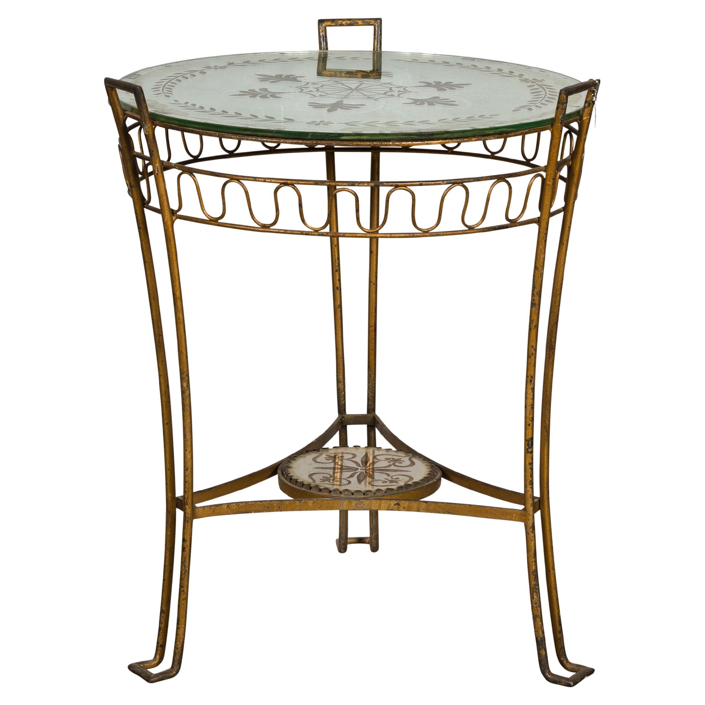 French 1920s Gilt Iron Side Table with Etched Foliage Mirrored Top and Low Shelf For Sale