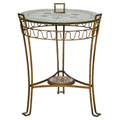 French 1920s Gilt Iron Side Table with Etched Foliage Mirrored Top and Low Shelf