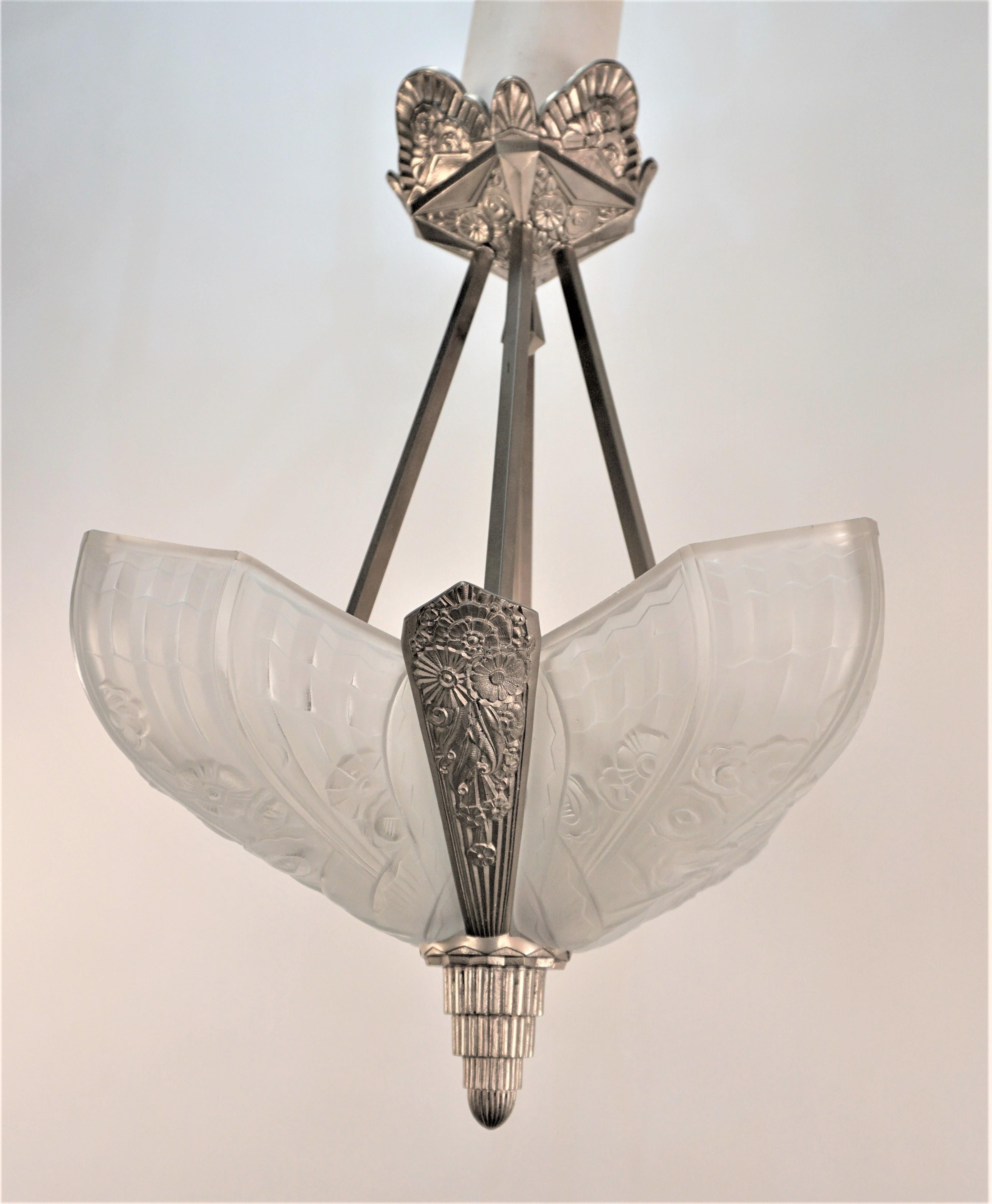 French 1920's Glass and Nickel Art Deco Chandelier 6