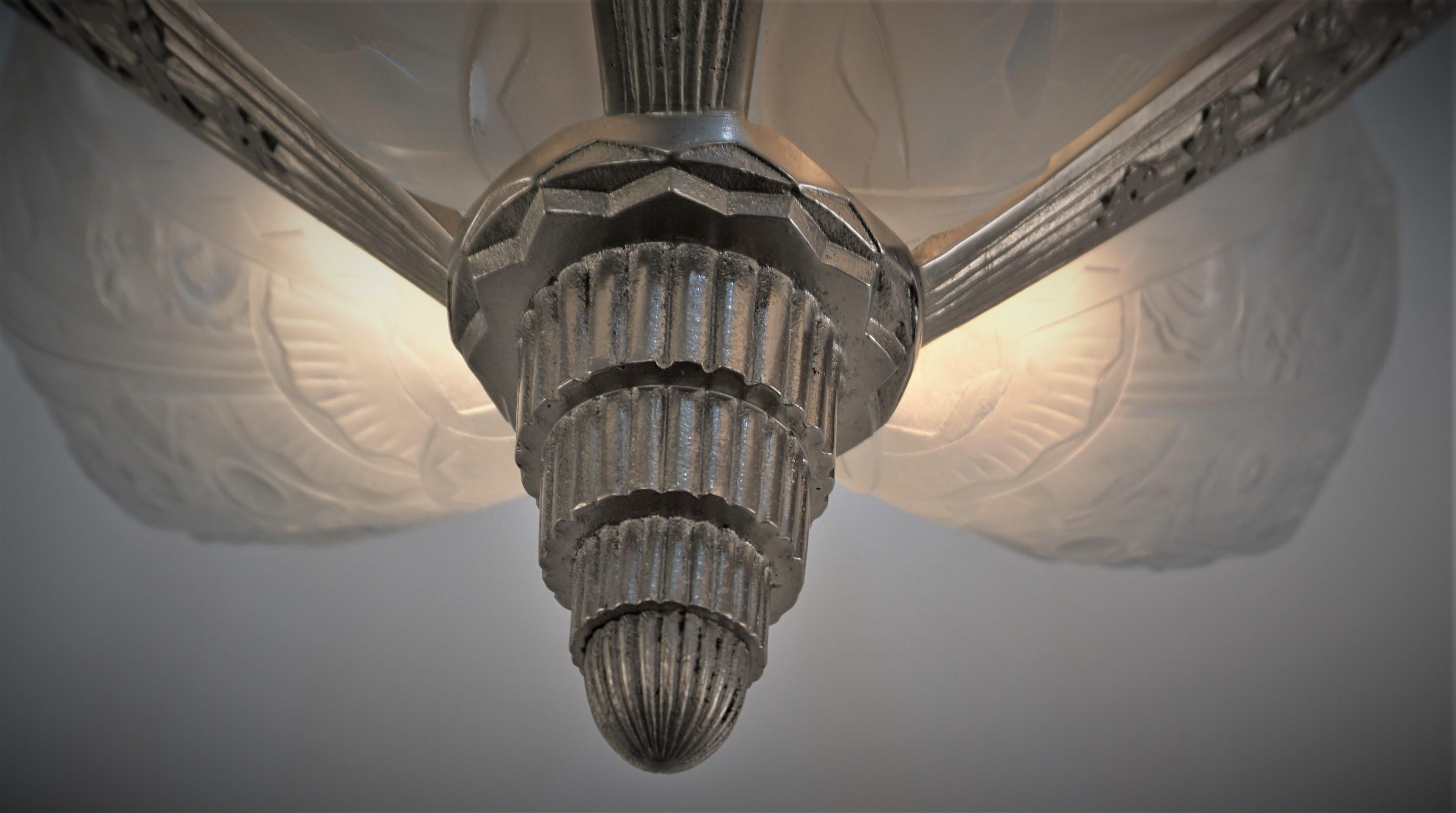 French 1920's Glass and Nickel Art Deco Chandelier In Good Condition In Fairfax, VA