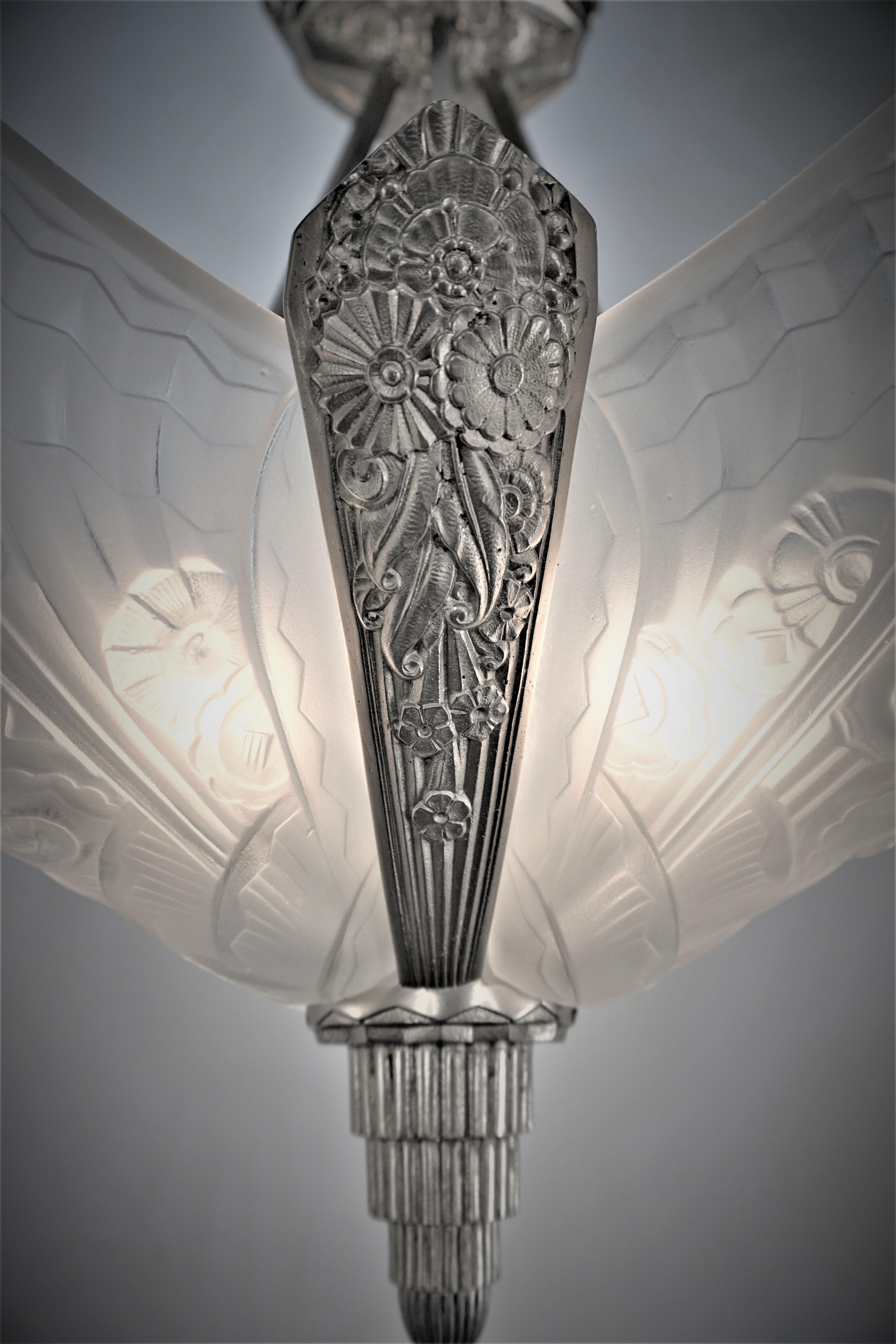 French 1920's Glass and Nickel Art Deco Chandelier 2
