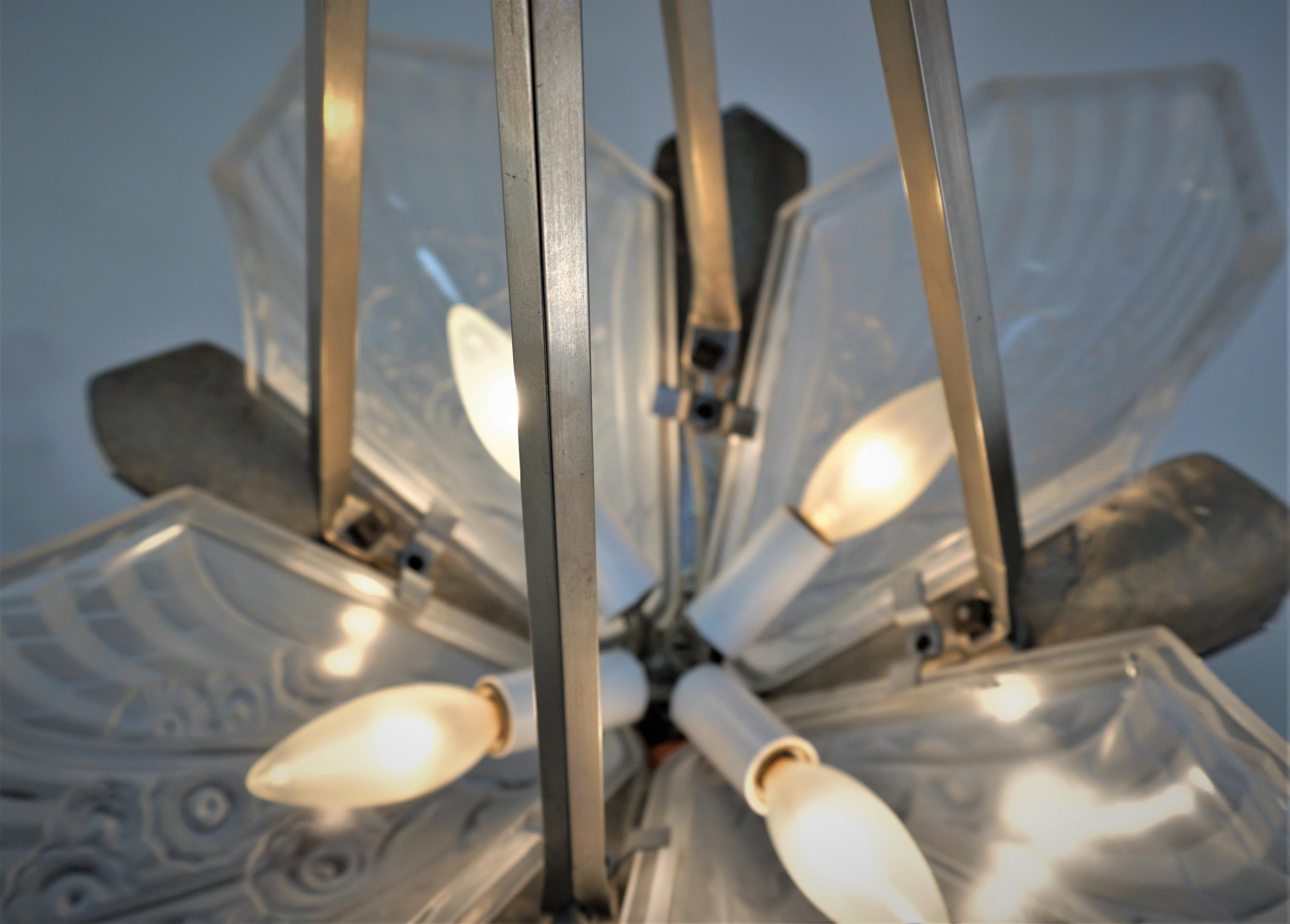 French 1920's Glass and Nickel Art Deco Chandelier 4