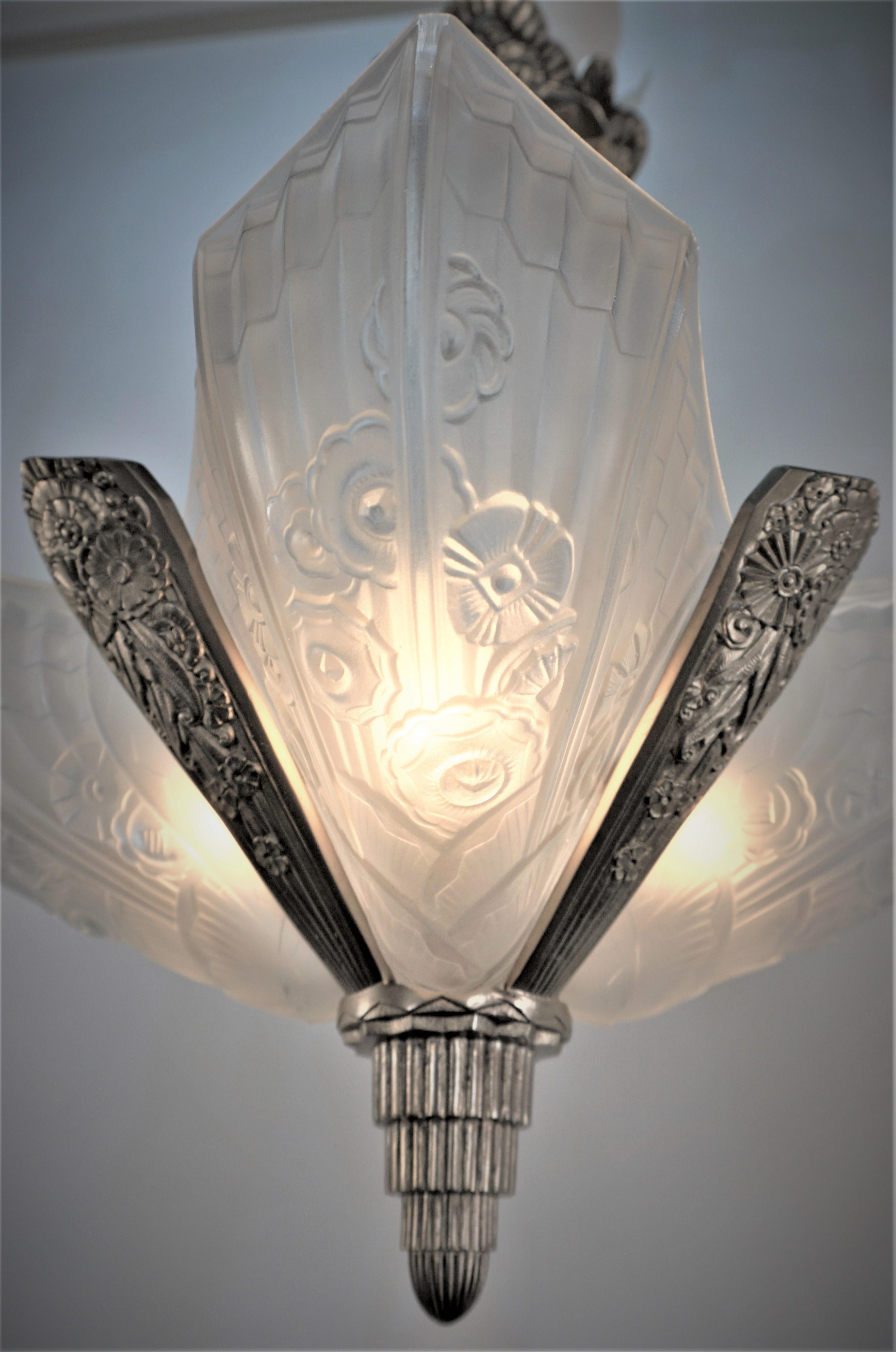 French 1920's Glass and Nickel Art Deco Chandelier 5