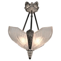 French 1920's Glass and Nickel Art Deco Chandelier