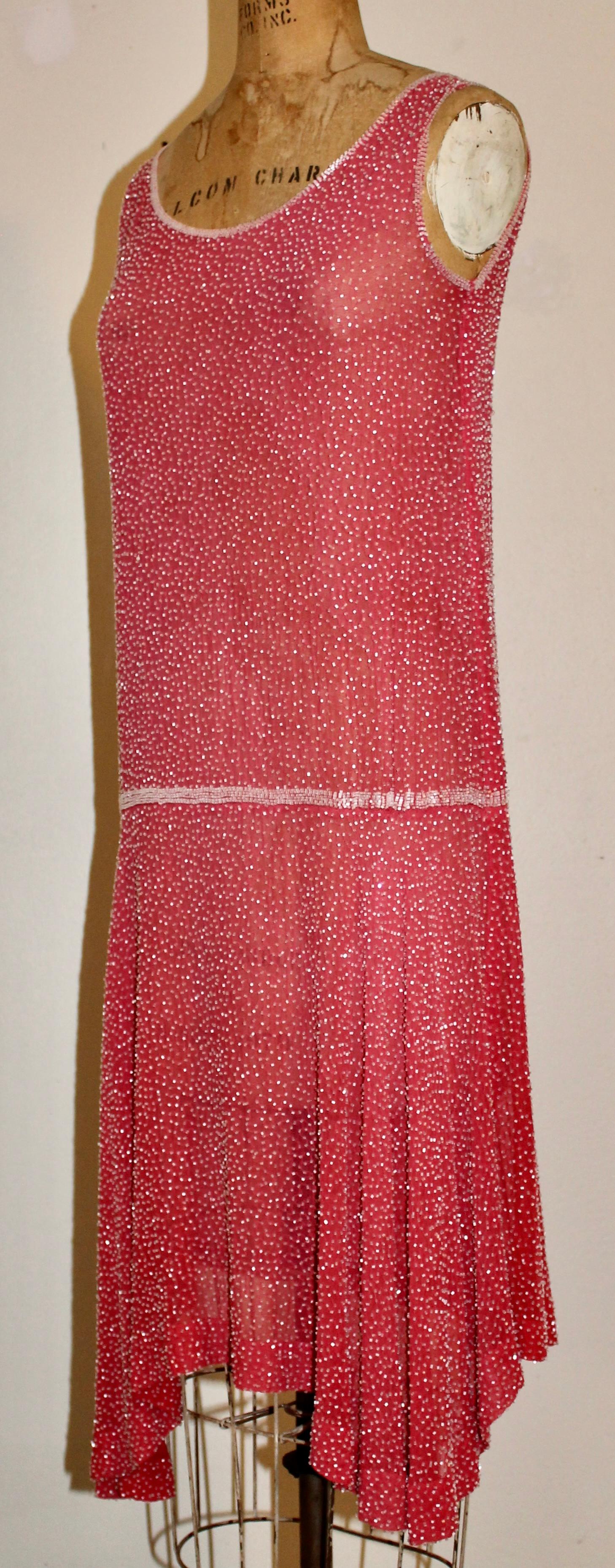 Pink French 1920s Glass Beaded Flapper Dress For Sale
