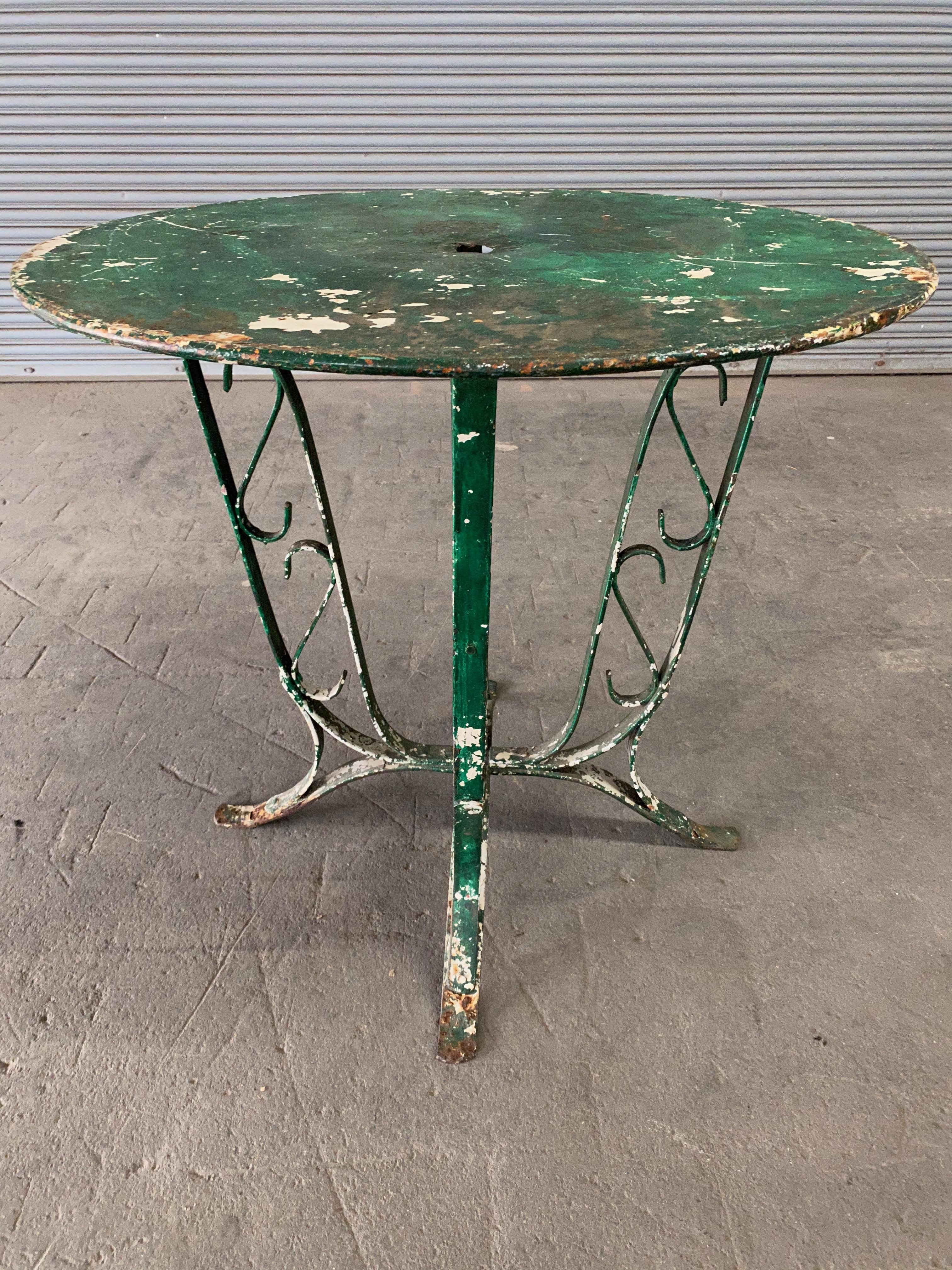 French 1920's  Garden Table  with Distressed Green Paint 1