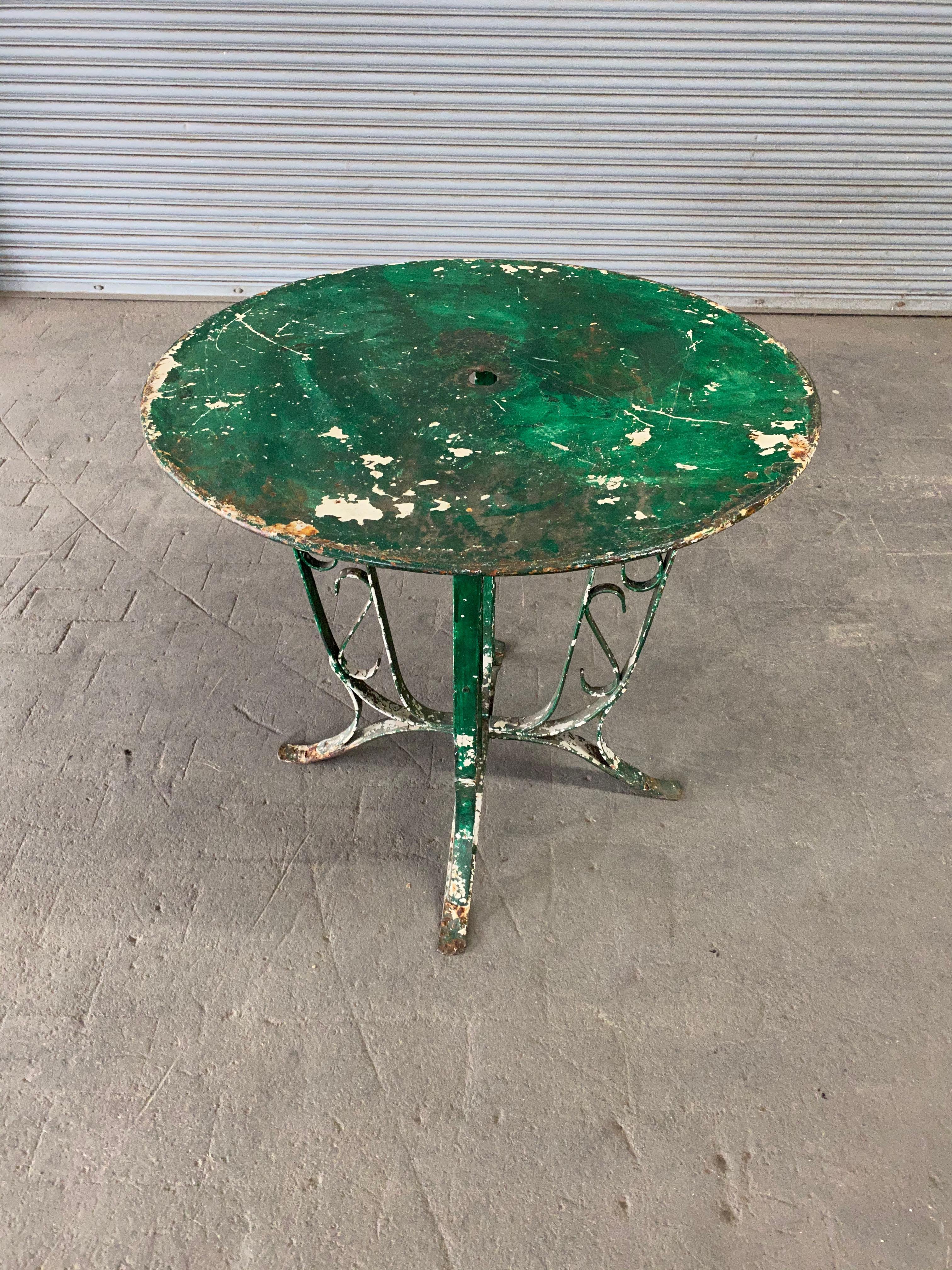 Art Deco French 1920's  Garden Table  with Distressed Green Paint