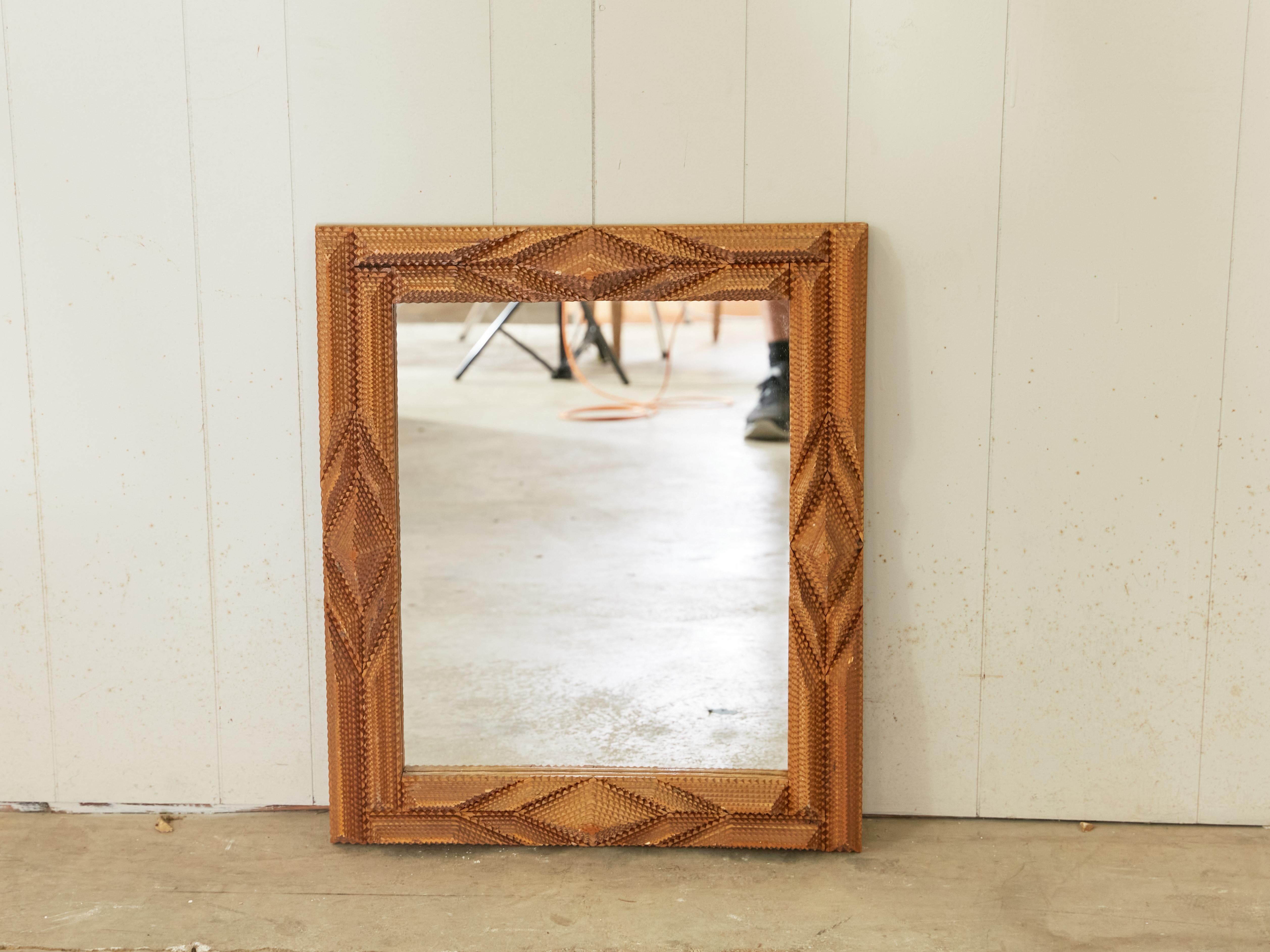 French 1920s Hand Carved Tramp Art Mirror with Raised Diamond Motifs 1