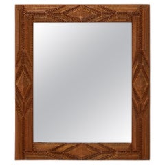 French 1920s Hand Carved Tramp Art Mirror with Raised Diamond Motifs