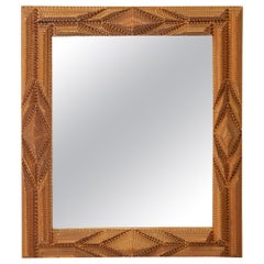 French 1920s Hand Carved Tramp Art Mirror with Raised Diamond Motifs
