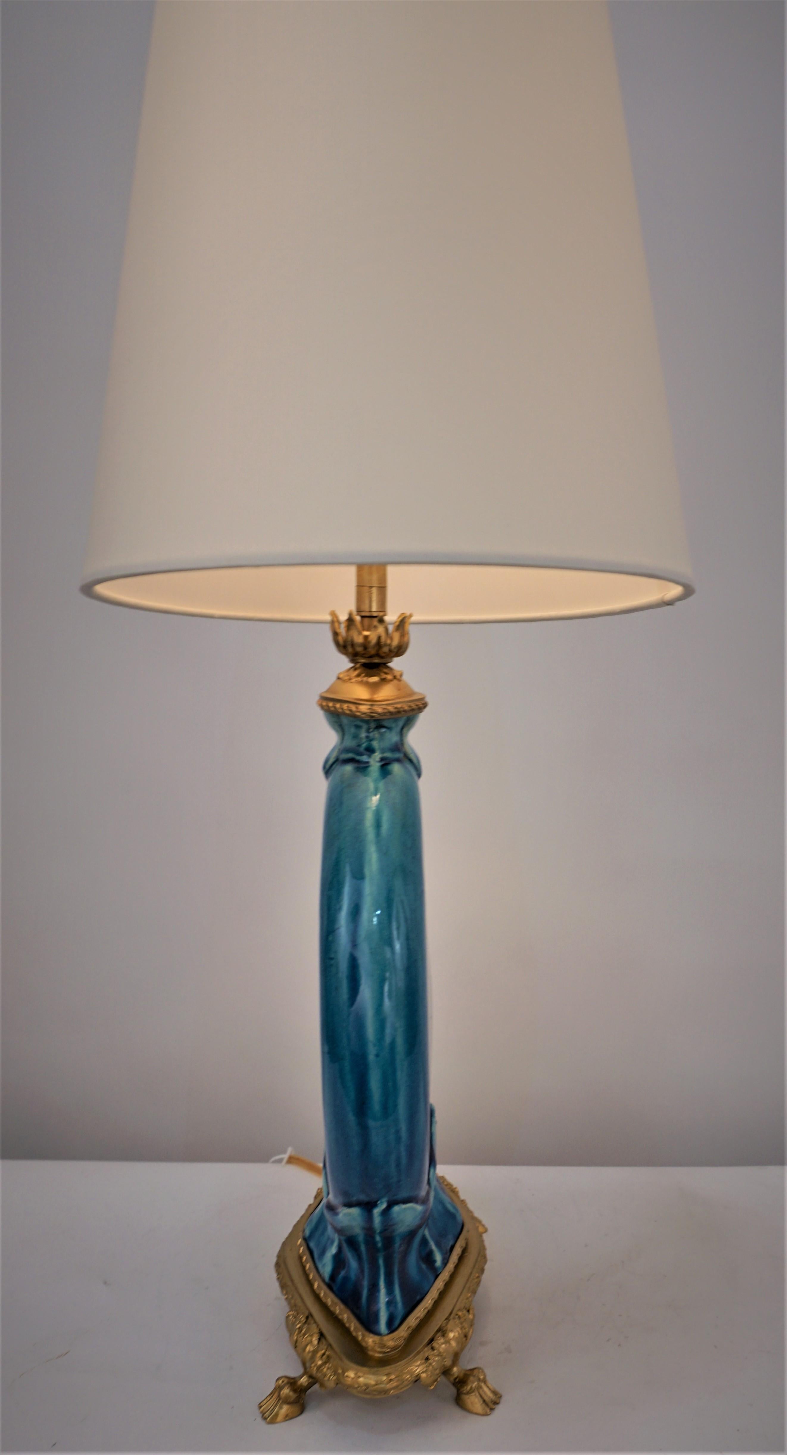 Bronze French 1920's Handmade Pottery and Brone Table Lamp