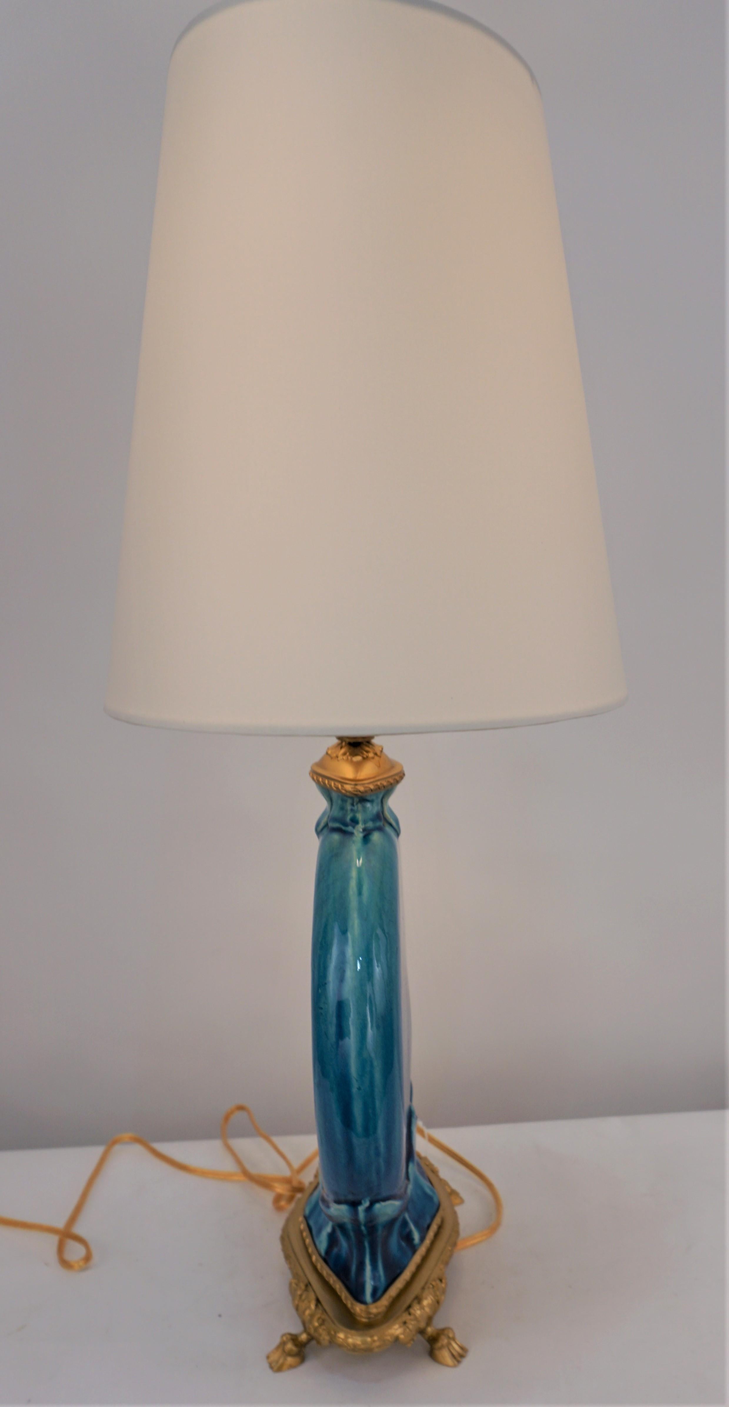 French 1920's Handmade Pottery and Brone Table Lamp 2