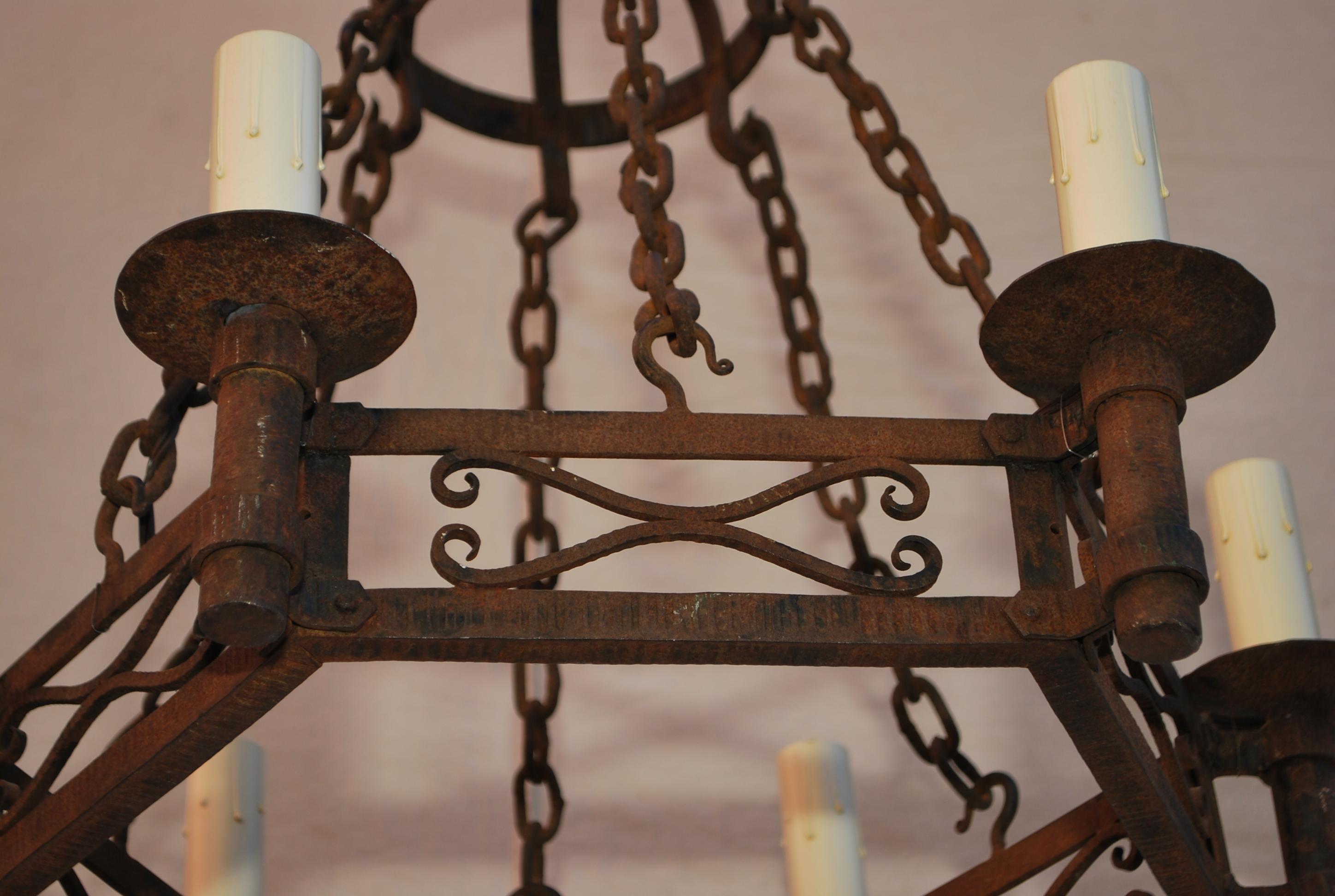 French 1920's hands forged wrought iron chandelier In Good Condition For Sale In Los Angeles, CA