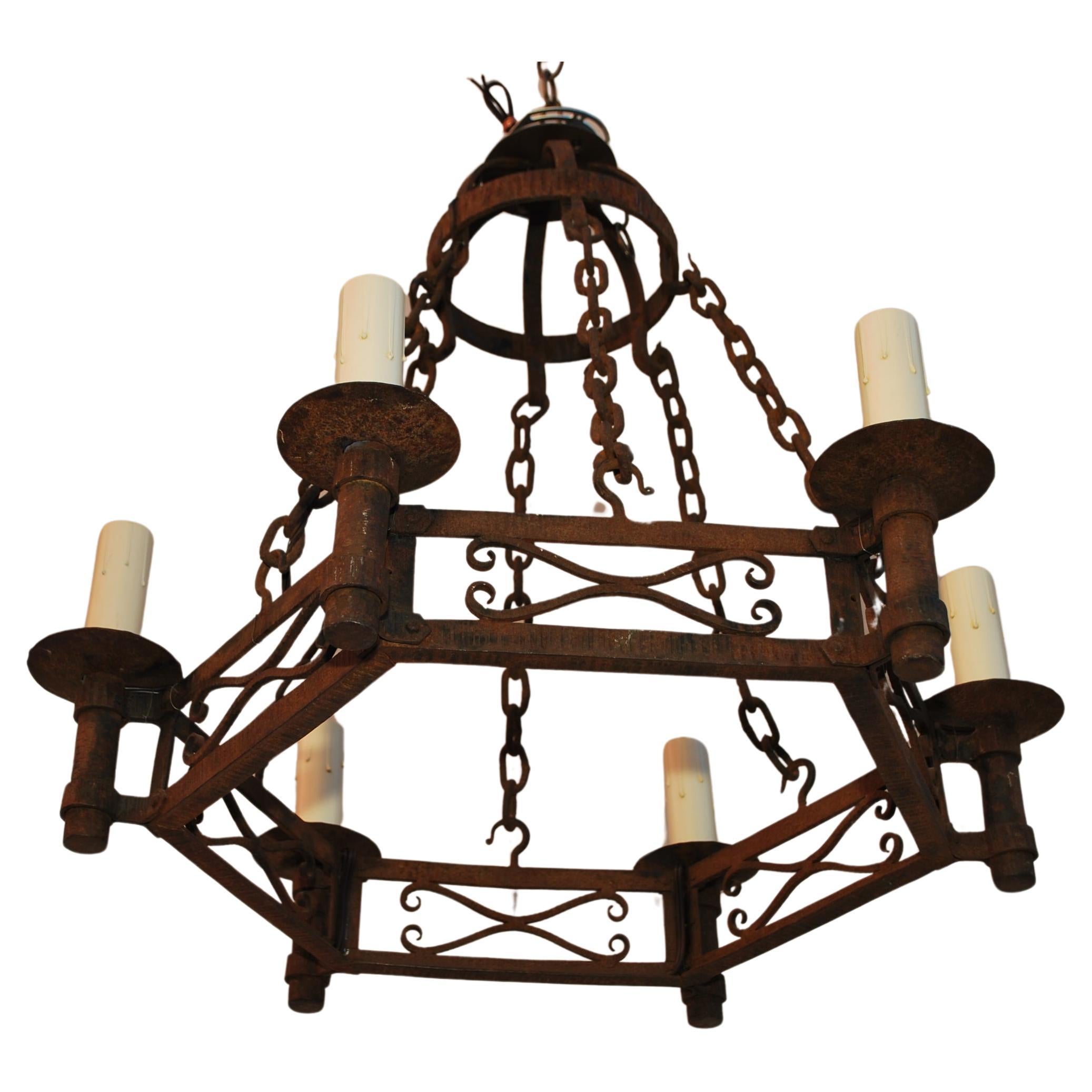 French 1920's hands forged wrought iron chandelier For Sale