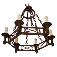 Antique French 1920's hands forged wrought iron chandelier