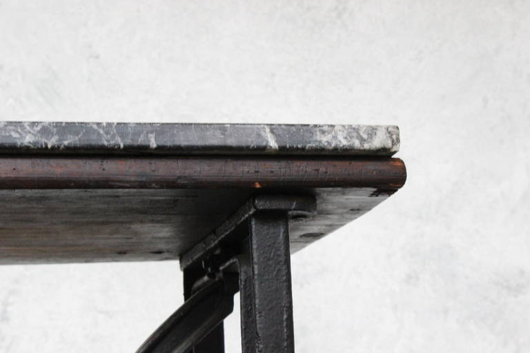 Iron French 1920s Industrial Work Table with Marble Surface