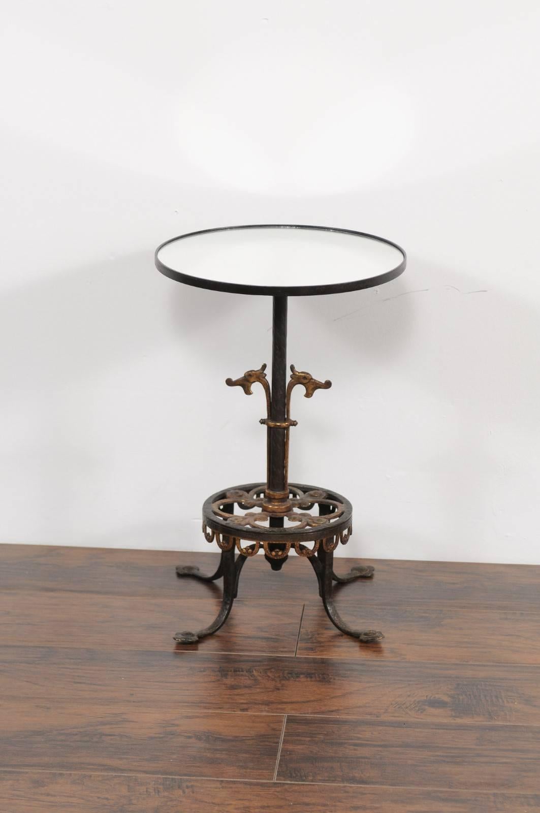 French 1920s Iron and Bronze Drink Table with Dragon Motifs and New Mirrored Top In Good Condition For Sale In Atlanta, GA