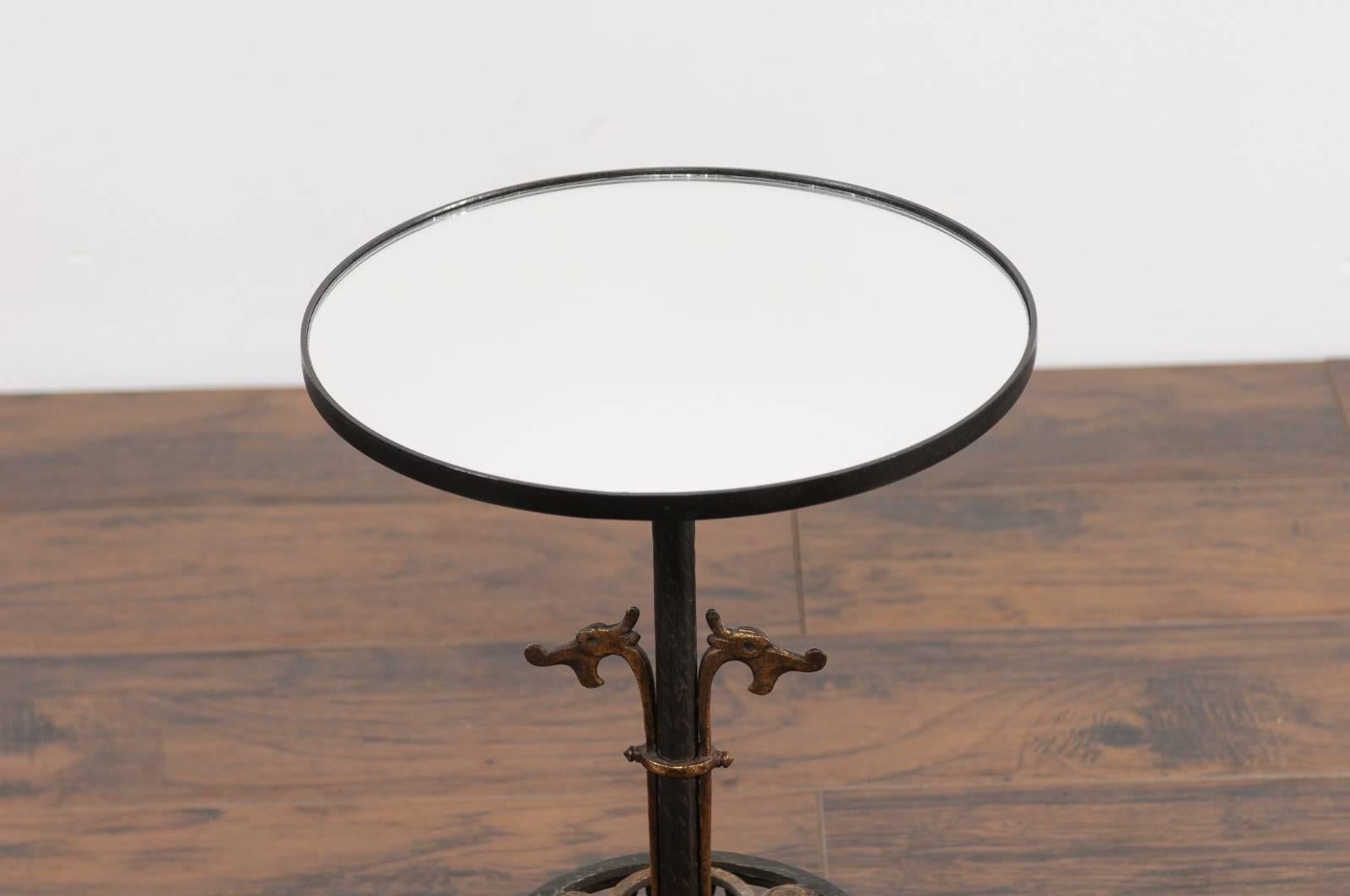 French 1920s Iron and Bronze Drink Table with Dragon Motifs and New Mirrored Top For Sale 1