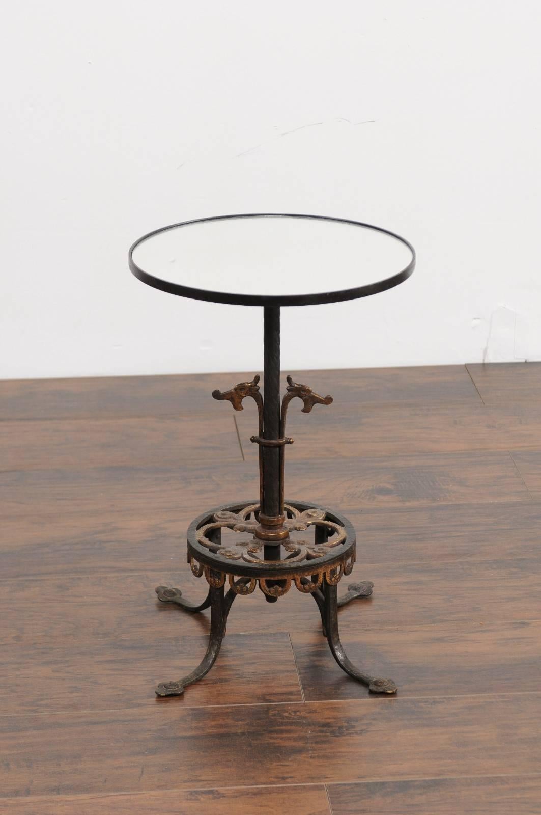 French 1920s Iron and Bronze Drink Table with Dragon Motifs and New Mirrored Top For Sale 3