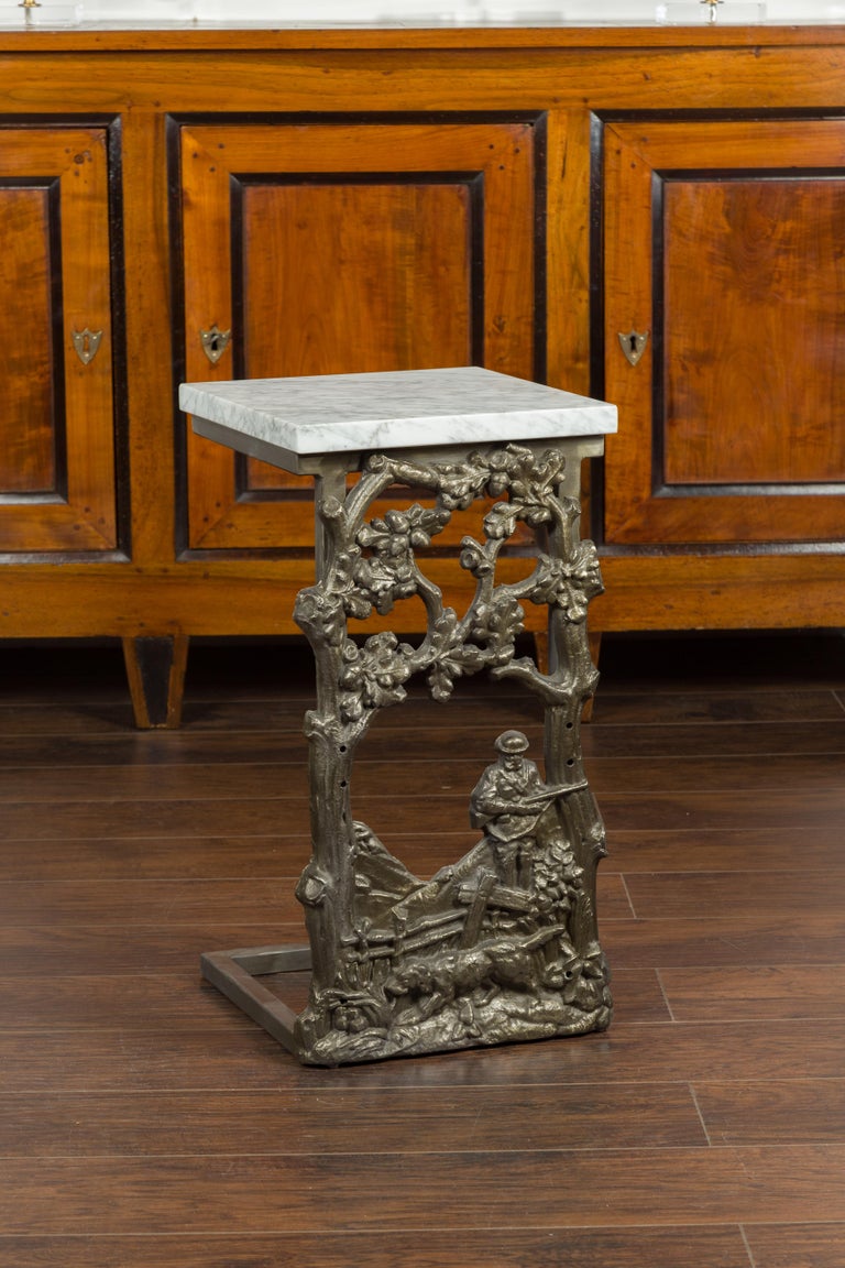 French 1920s Iron Fragment Depicting a Hunter Made into a Table with Marble Top For Sale 7