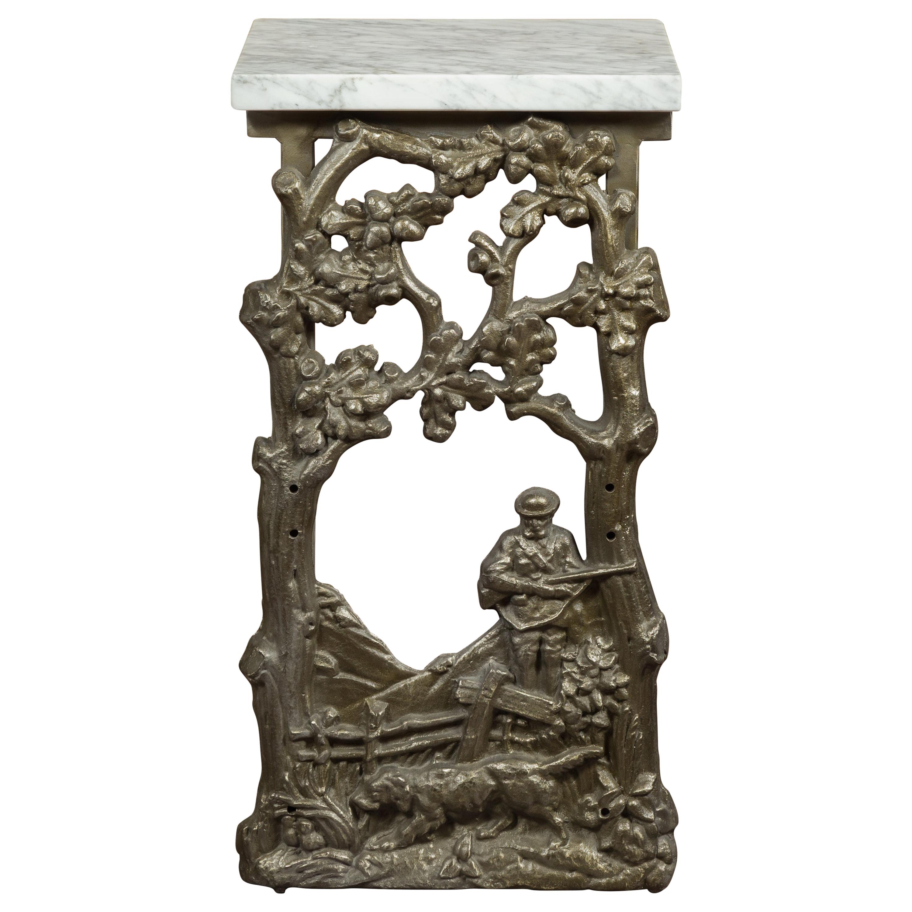 French 1920s Iron Fragment Depicting a Hunter Made into a Table with Marble Top For Sale