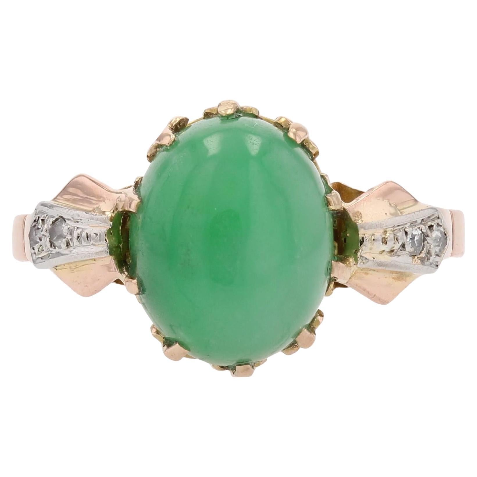 Bague française en or rose 18 carats avec diamants et jade des années 1920