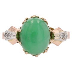 French 1920s Jade Diamonds 18 Karat Rose Gold Ring