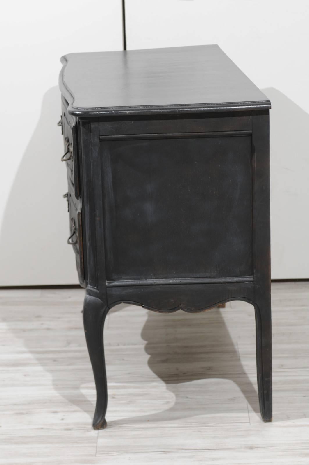 French 1920s Louis XV Style Black Painted Two-Drawer Commode with Cabriole Legs In Good Condition In Atlanta, GA