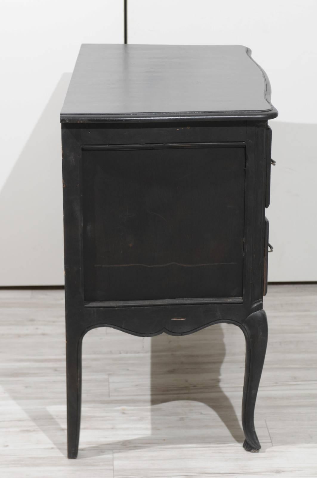 20th Century French 1920s Louis XV Style Black Painted Two-Drawer Commode with Cabriole Legs