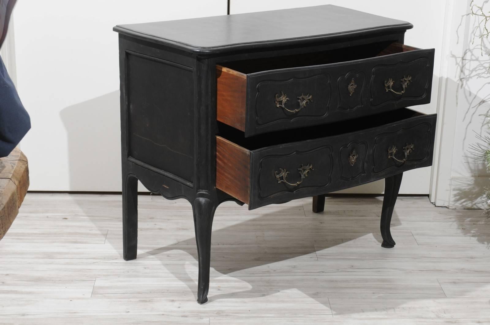 French 1920s Louis XV Style Black Painted Two-Drawer Commode with Cabriole Legs 1