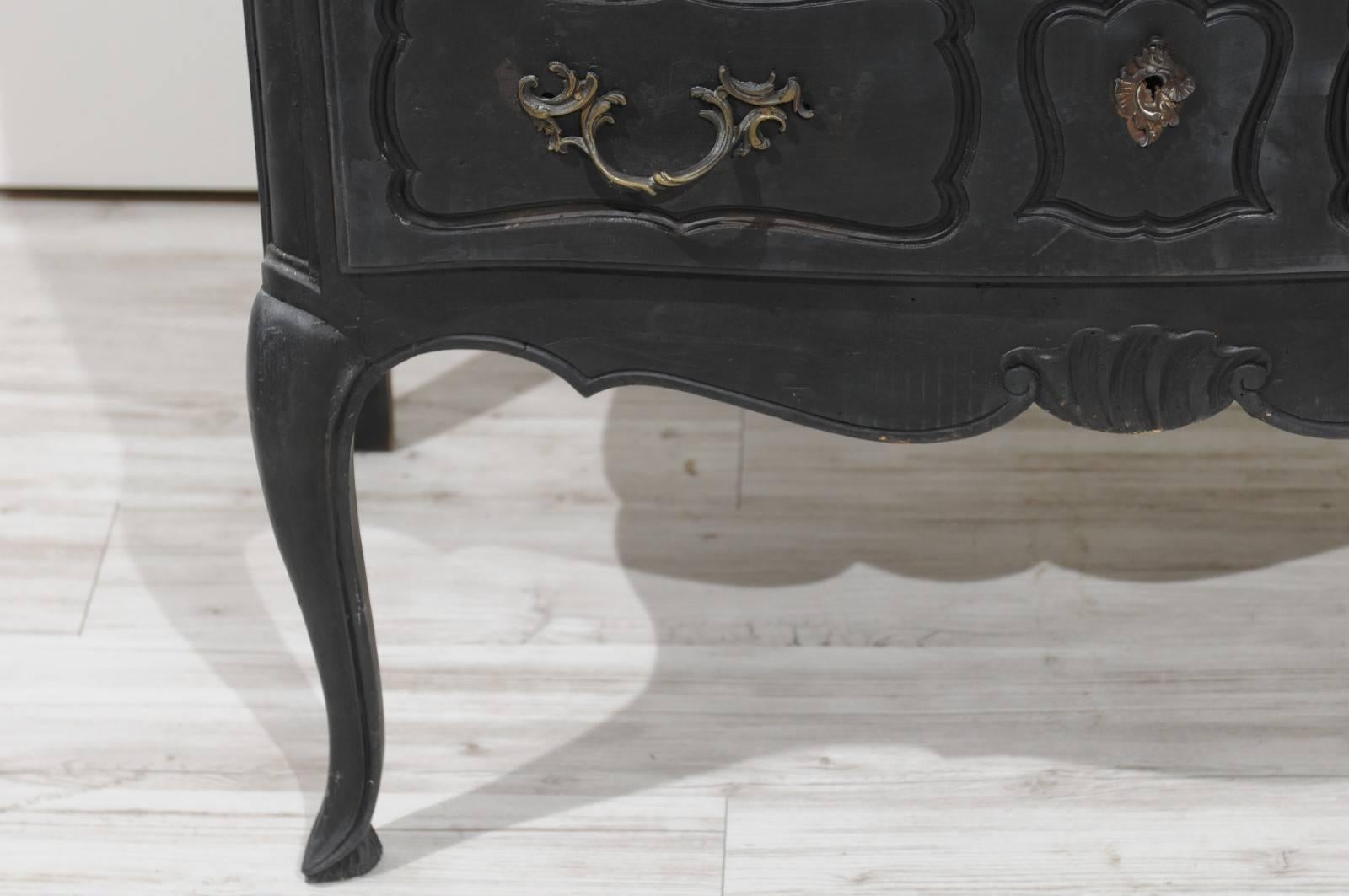 French 1920s Louis XV Style Black Painted Two-Drawer Commode with Cabriole Legs 3