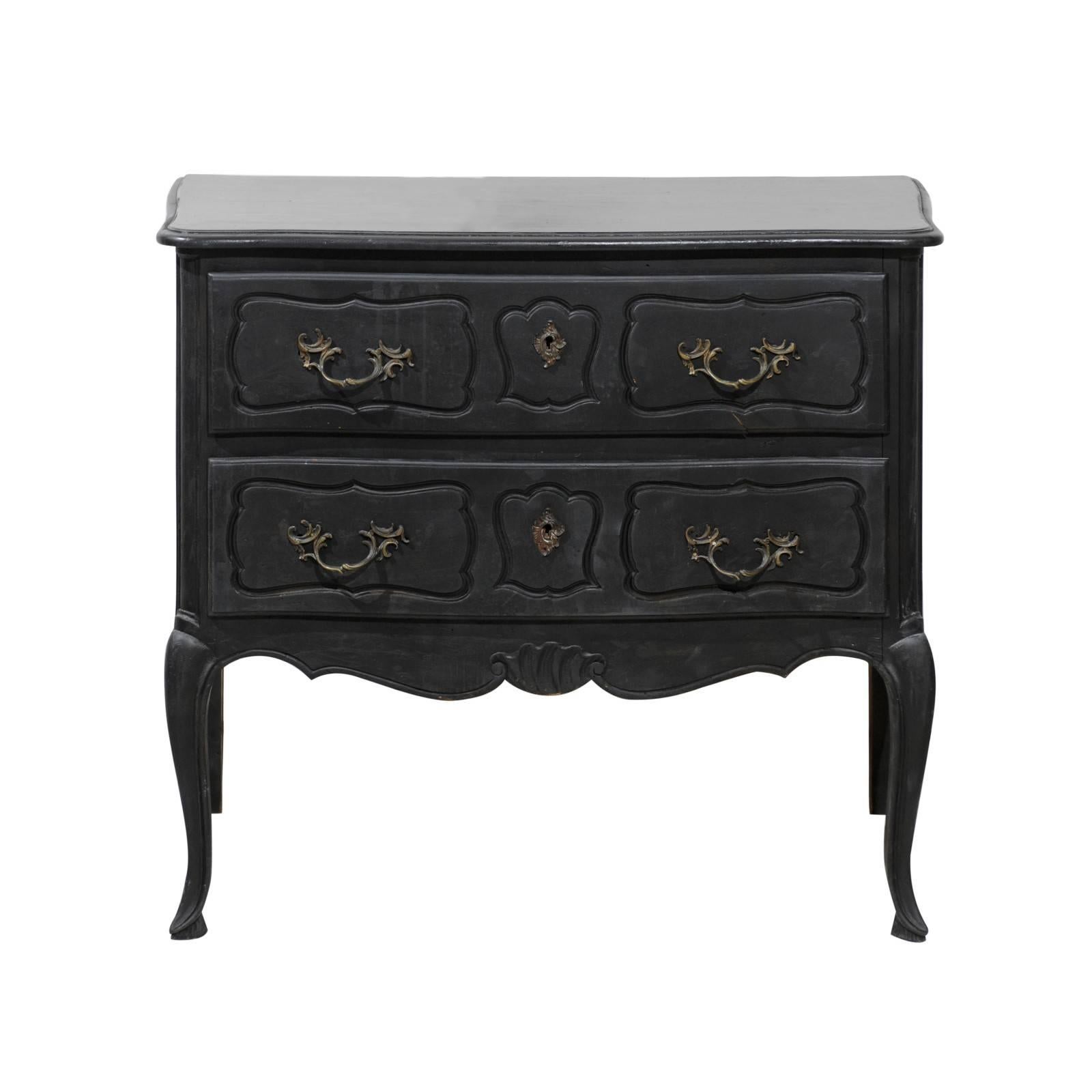 French 1920s Louis XV Style Black Painted Two-Drawer Commode with Cabriole Legs