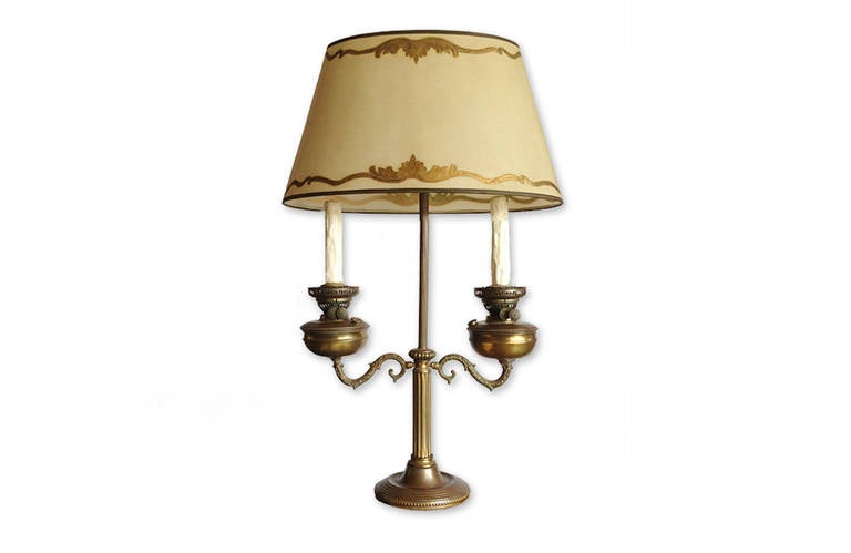 French 1920s Louis XVI style student oil lamp with one-light and a wax shade.