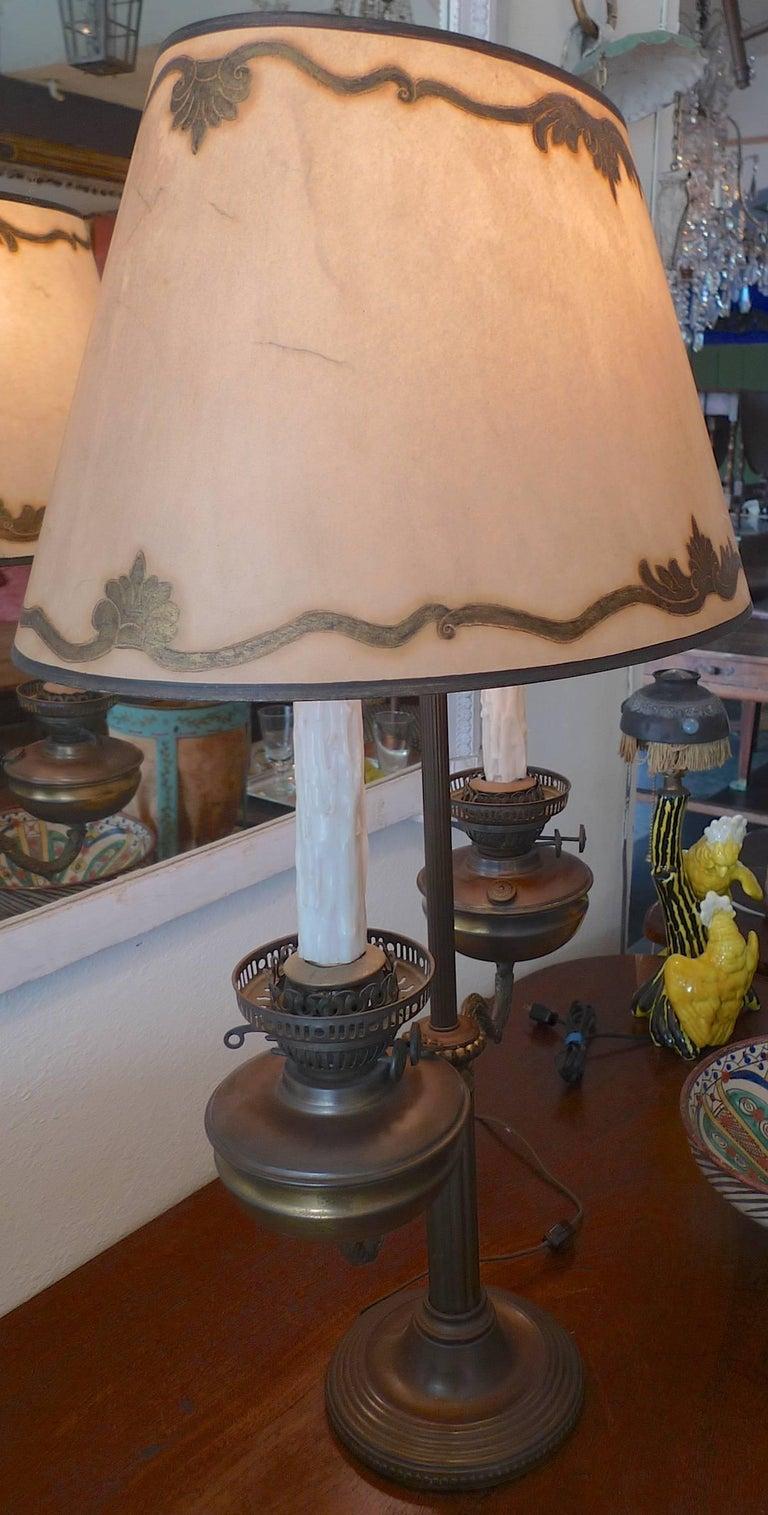Metal French 1920s Louis XVI Style Student Oil Lamp with One-Light and a Wax Shade For Sale
