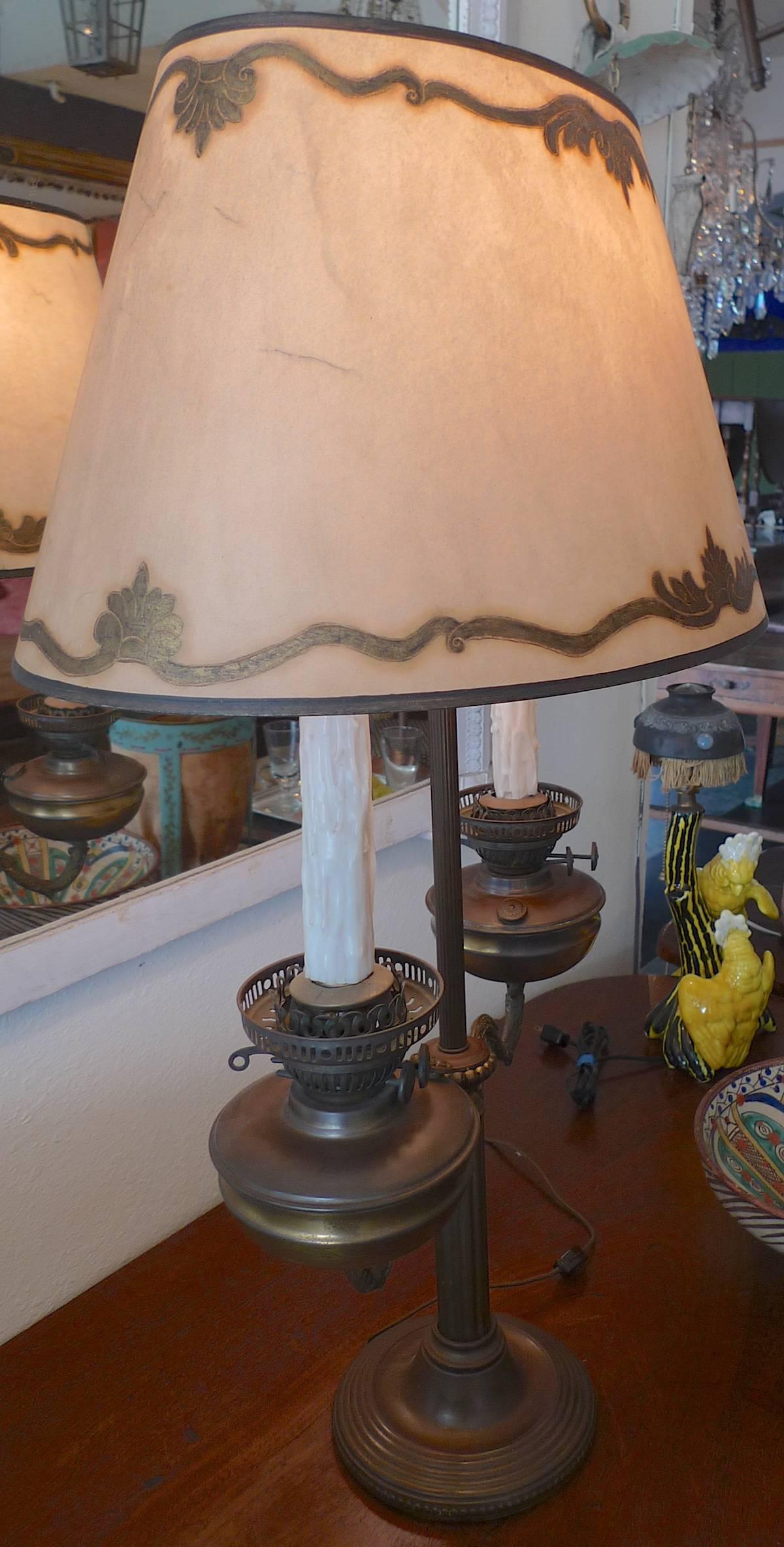 Metal French 1920s Louis XVI Style Student Oil Lamp with One-Light and a Wax Shade