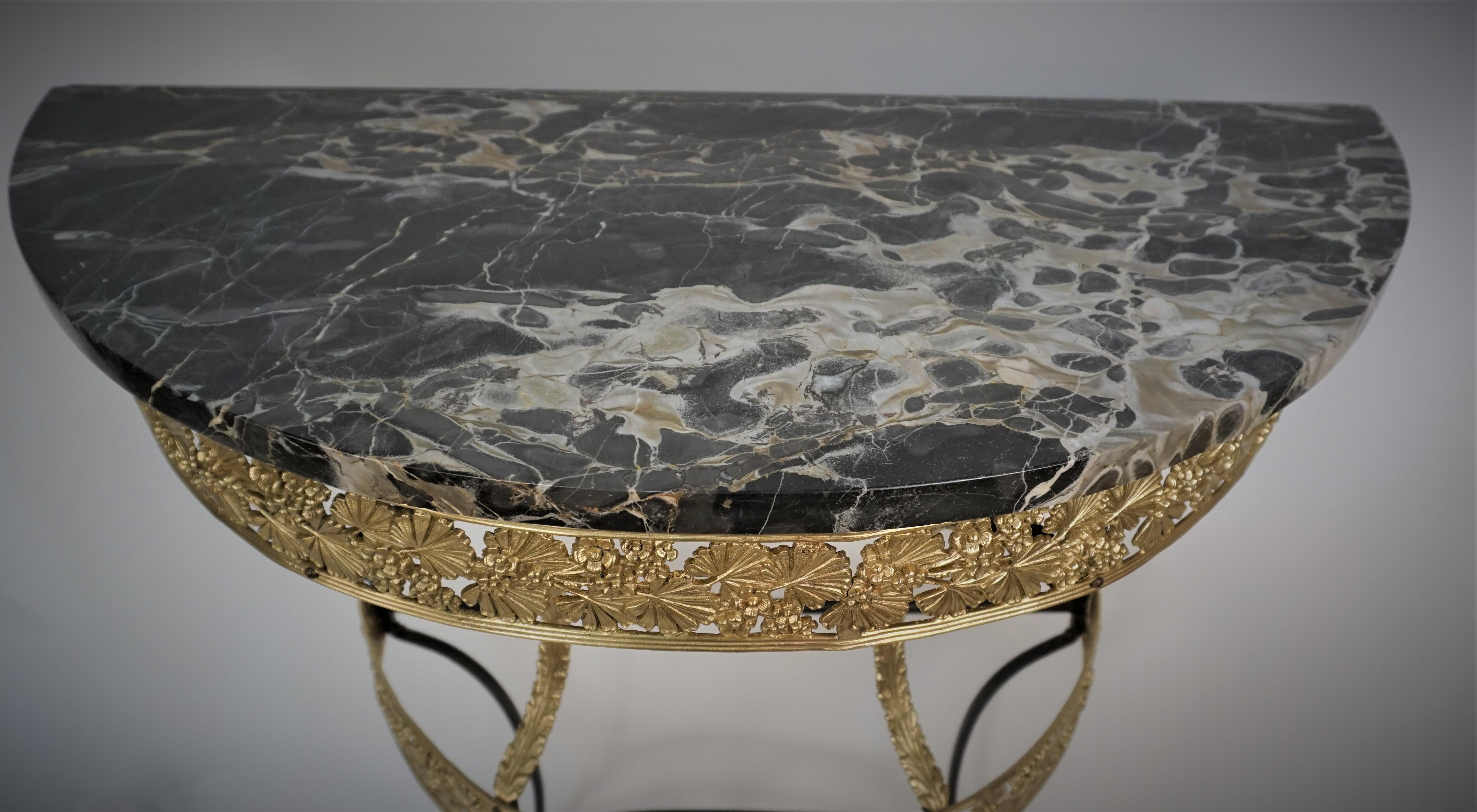 Early 20th Century French 1920's Marble, Bronze and Iron Demilune Console Wall Table For Sale
