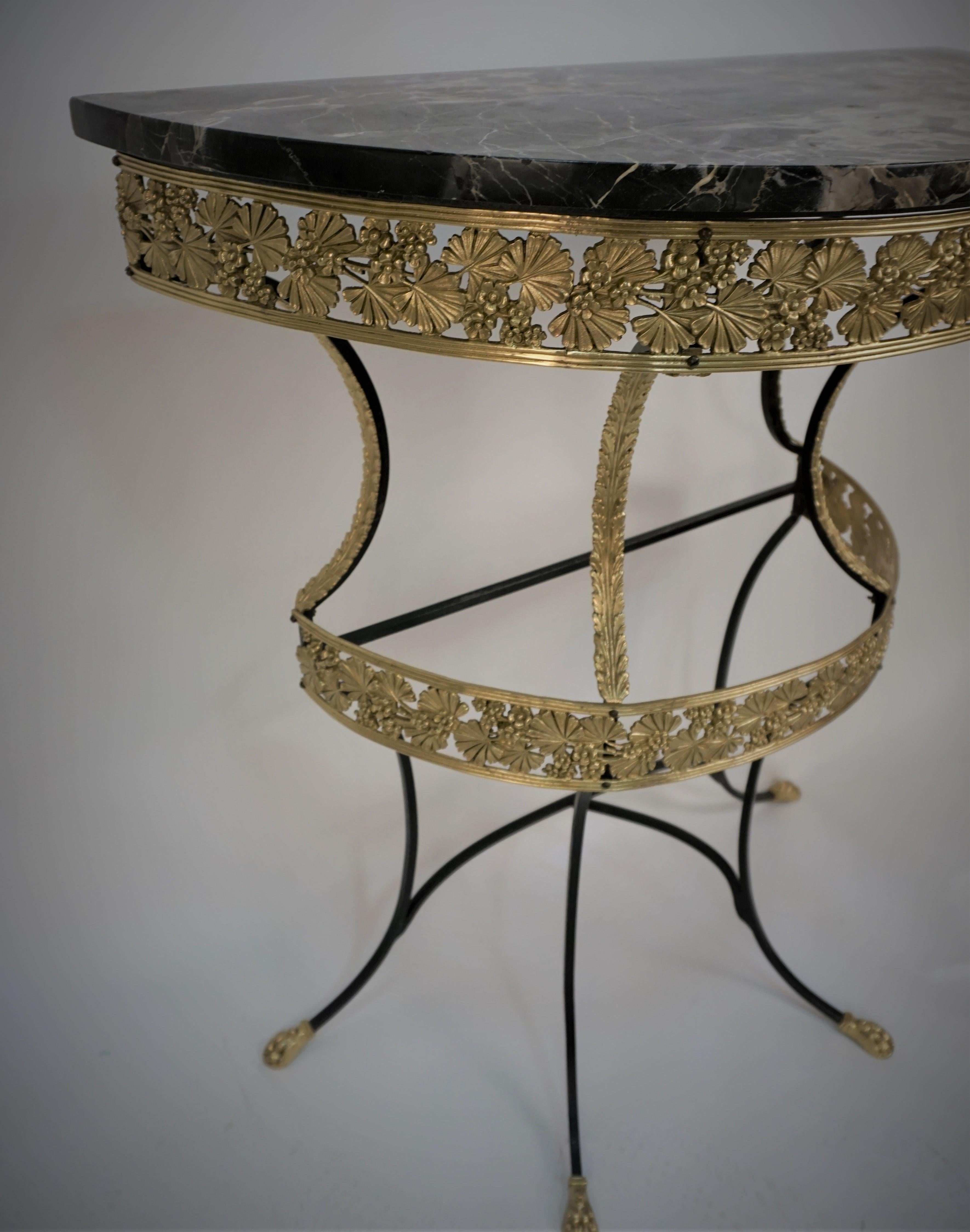 French 1920's Marble, Bronze and Iron Demilune Console Wall Table For Sale 1