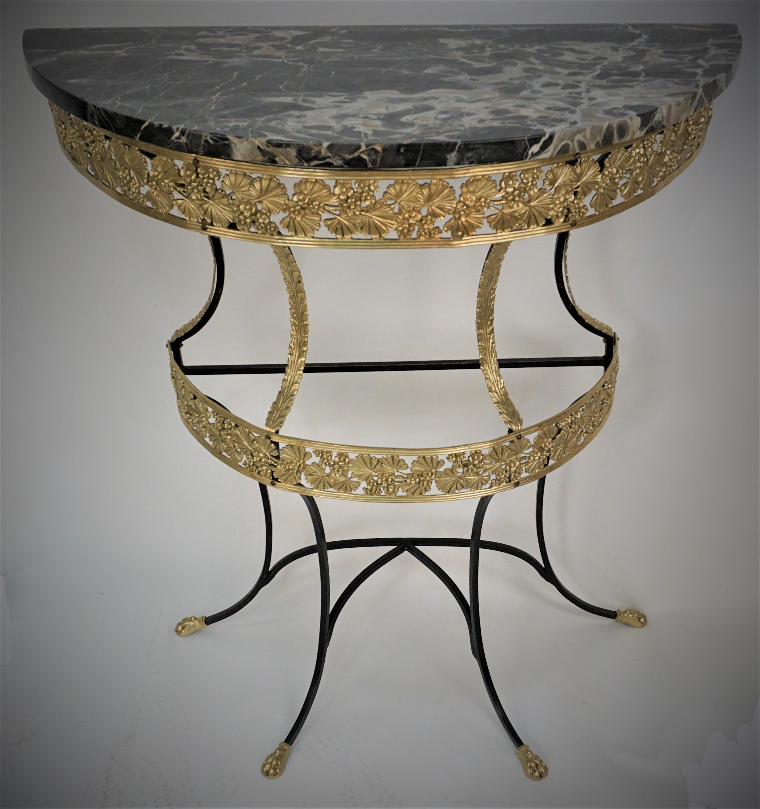 French 1920's Marble, Bronze and Iron Demilune Console Wall Table For Sale 3