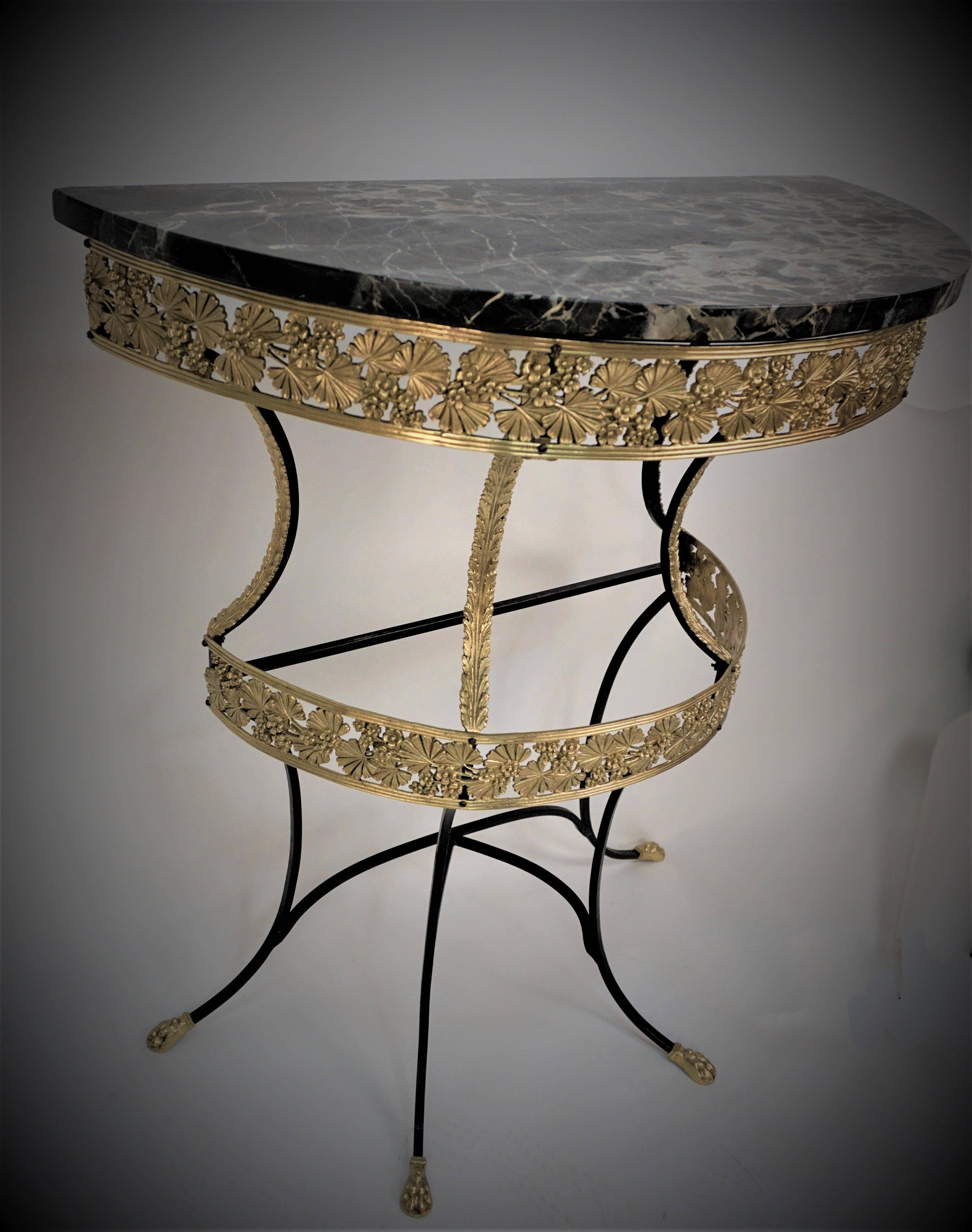 French 1920's Marble, Bronze and Iron Demilune Console Wall Table For Sale 4