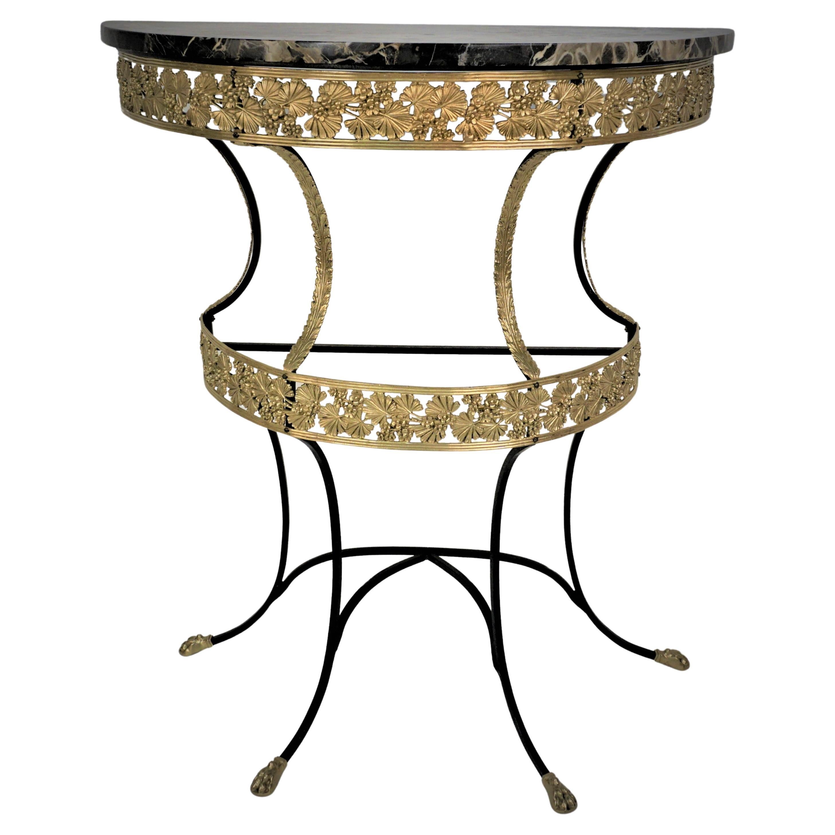 French 1920's Marble, Bronze and Iron Demilune Console Wall Table For Sale